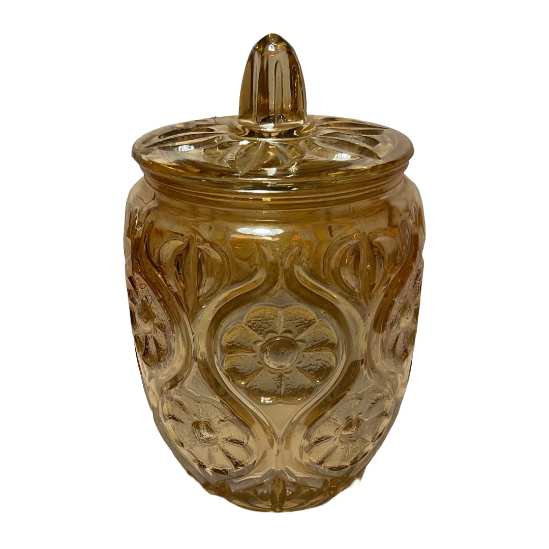 Amber pressed glass covered jar / candy dish
