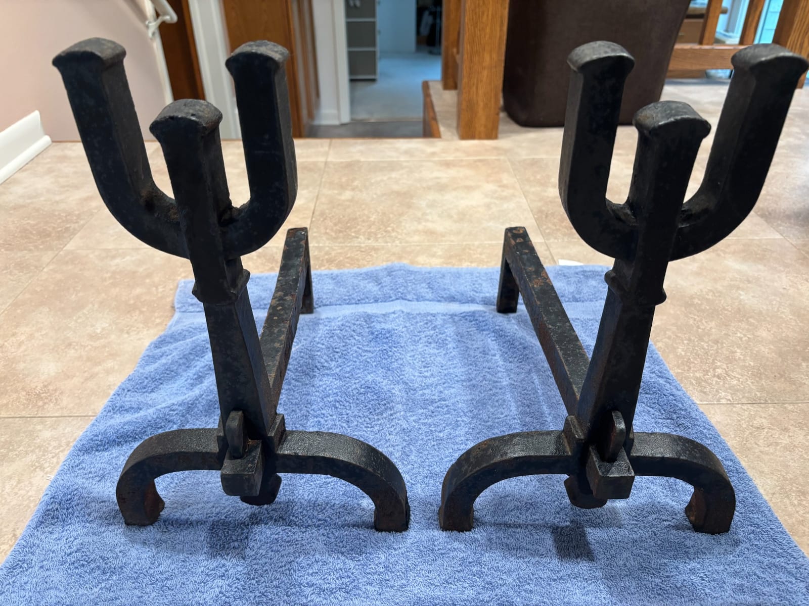 Pair of wrought iron andirons (fireplace dogs)