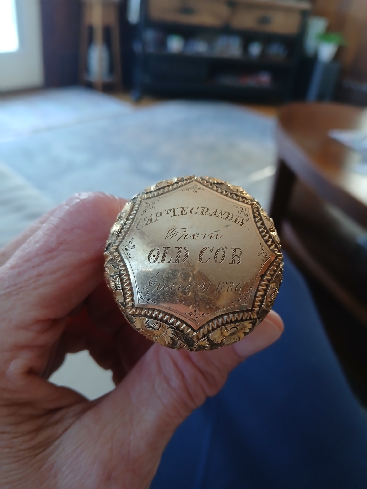 Engraved commemorative silver-plated or silver-topped cap/knob from a bottle or flask