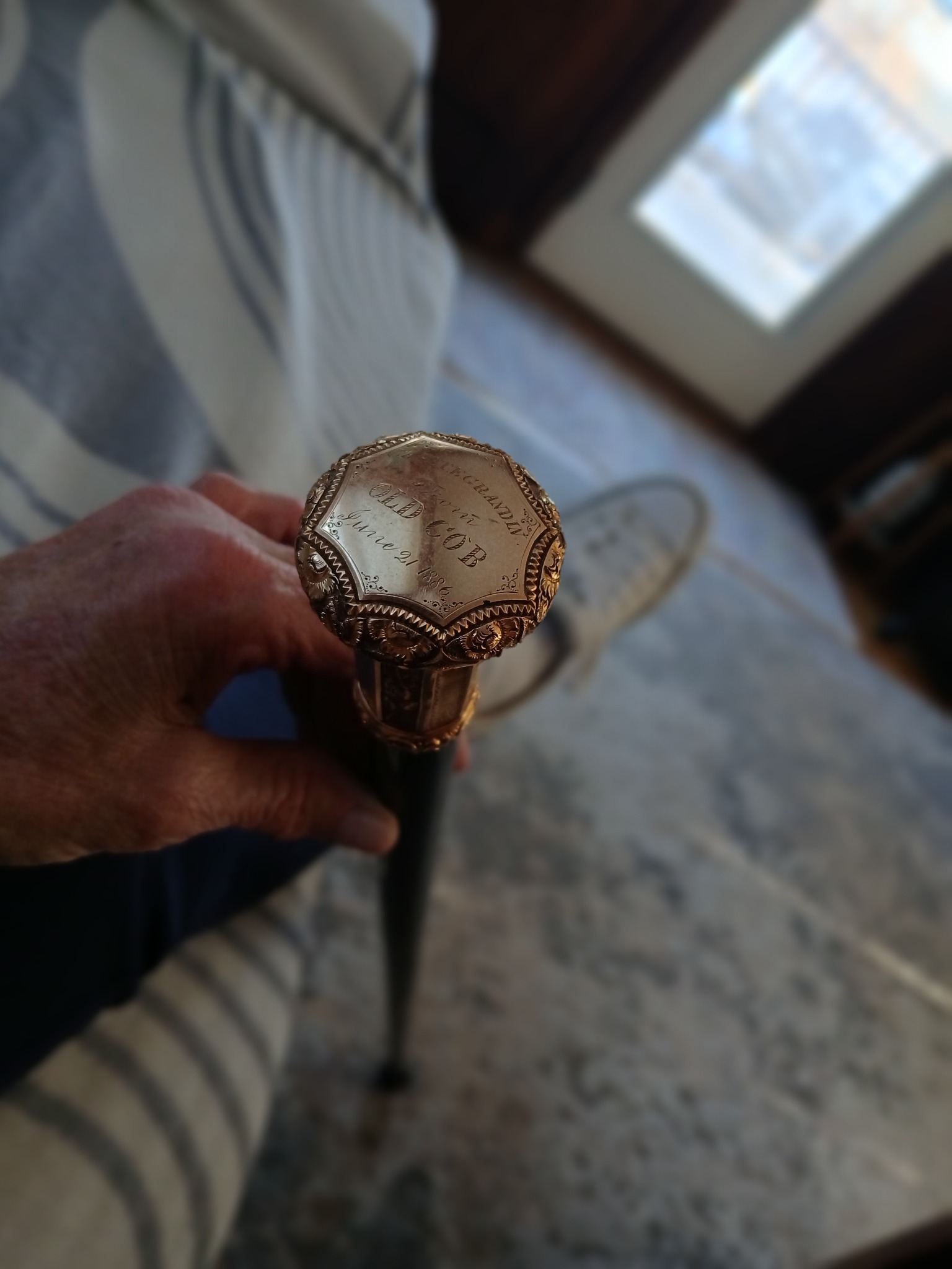 Engraved presentation cane or walking stick handle