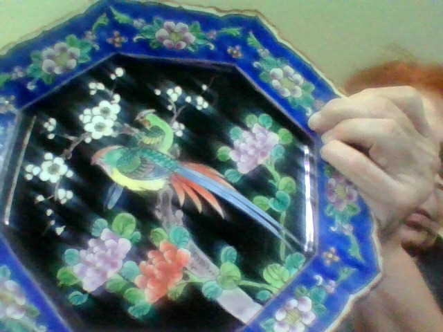 Decorative cloisonné enamel octagonal plate or tray with bird and floral motif