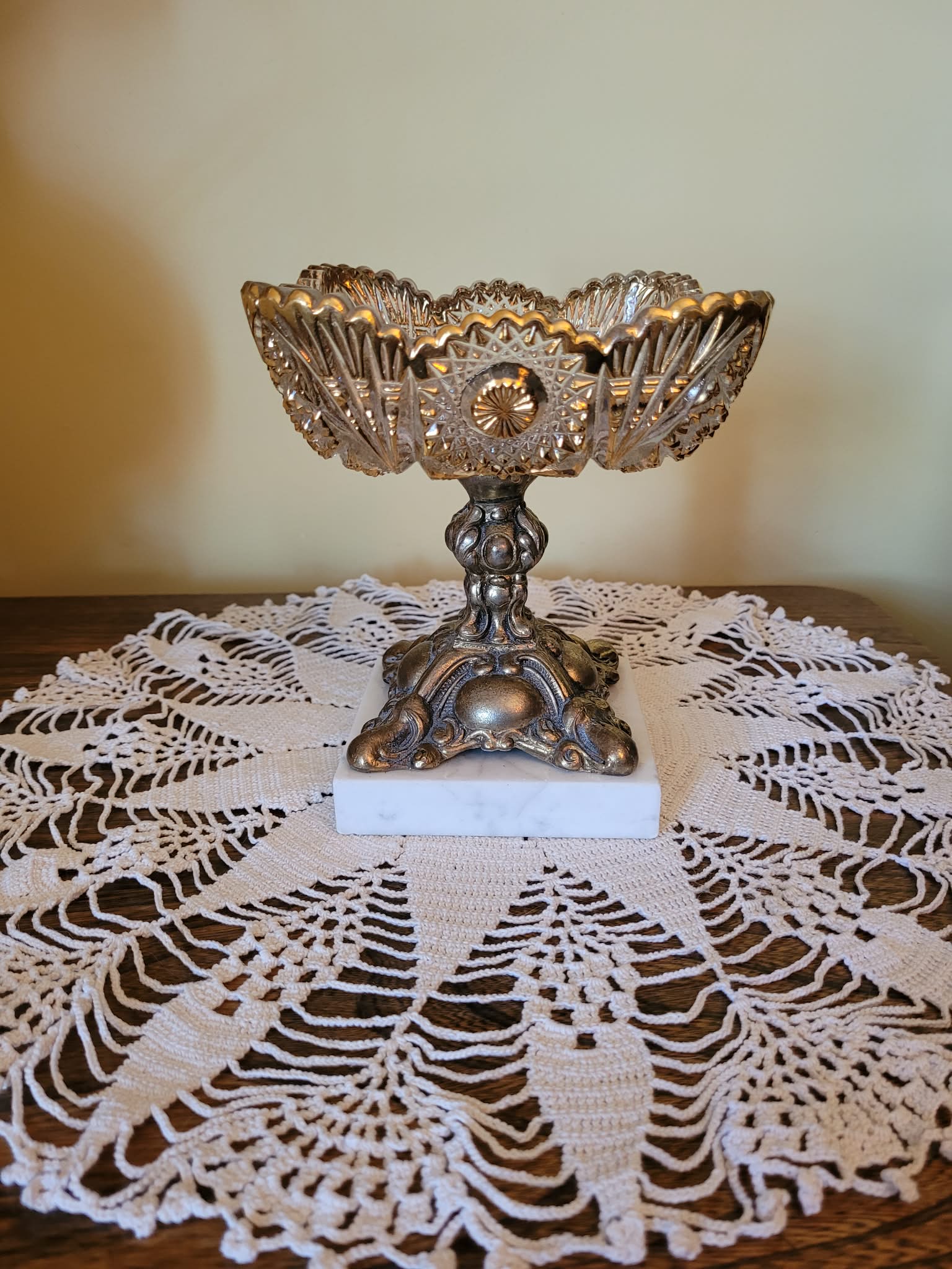 Ornate silverplate or pewter pedestal compote / openwork bonbon dish