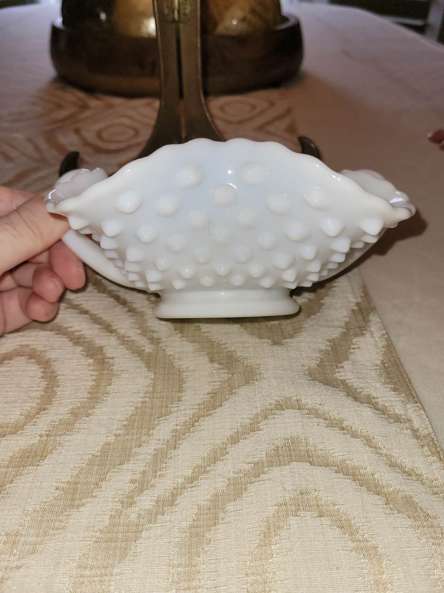 Frosted milk glass hobnail basket or handled dish