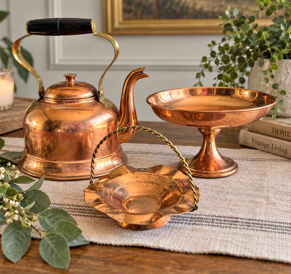 Copper tea service set with kettle, pedestal bowl, and handled basket dish