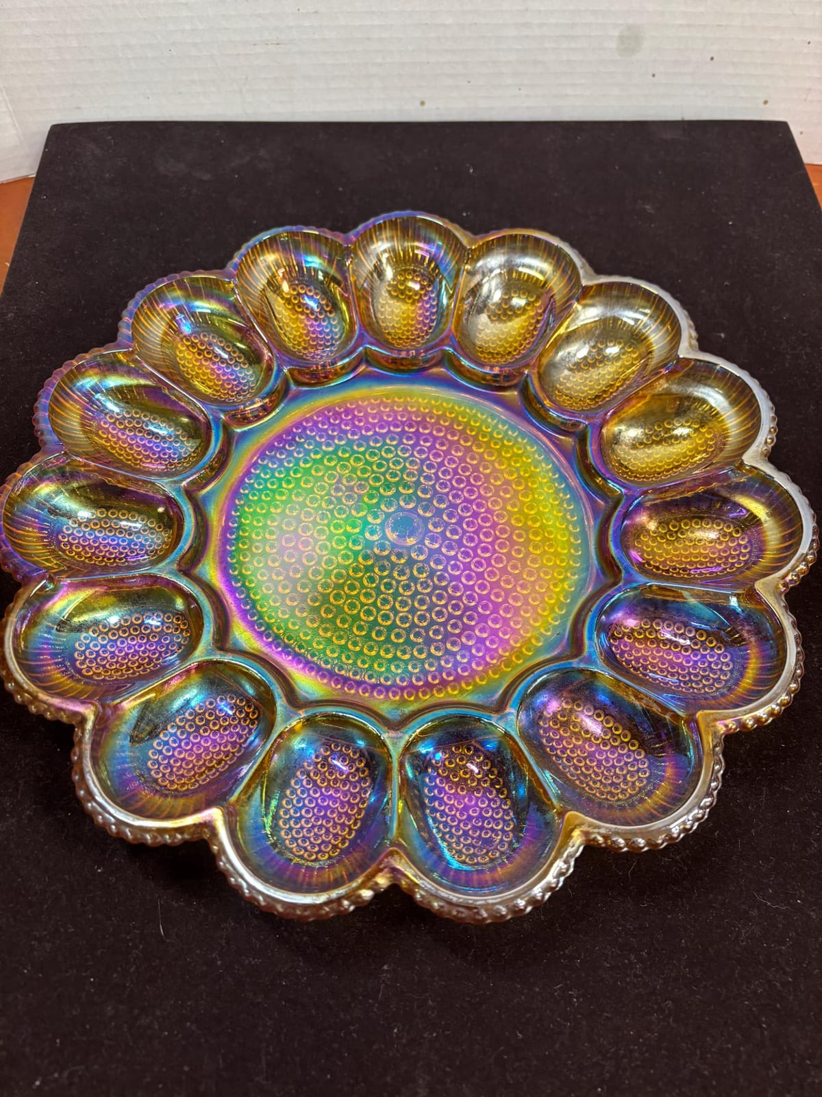 Iridized pressed glass relish tray / serving dish