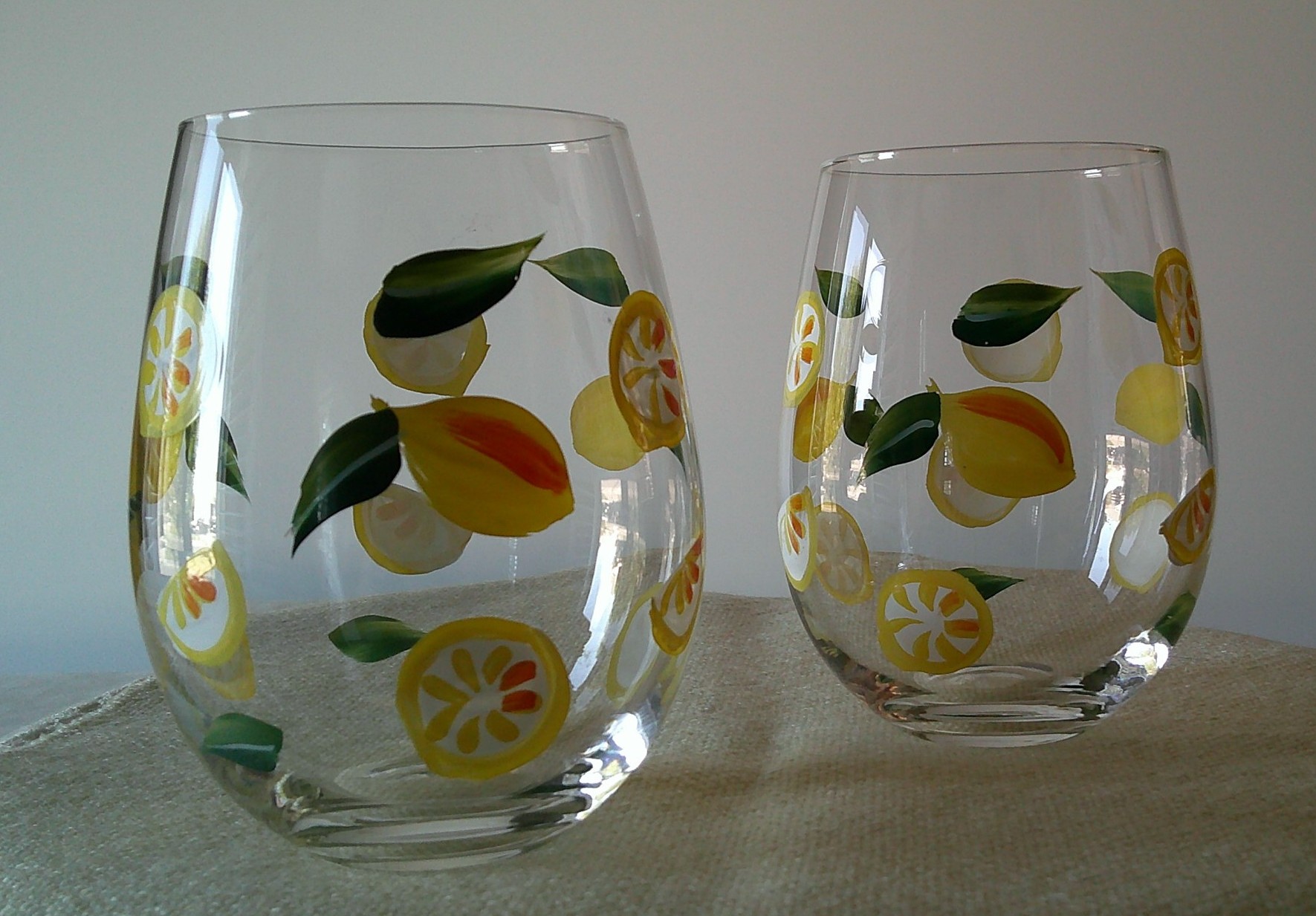 Pair of hand-painted lemon motif tumblers / drinking glasses