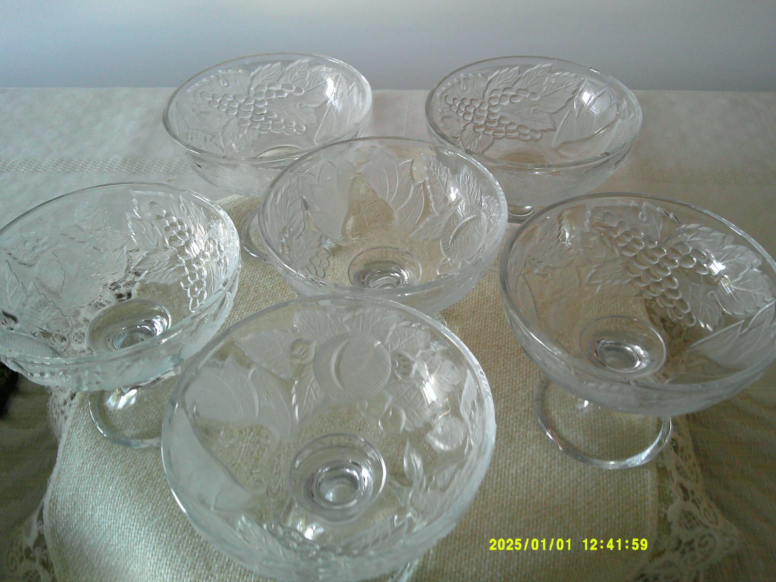 Set of etched glass pedestal dessert or sherbet cups