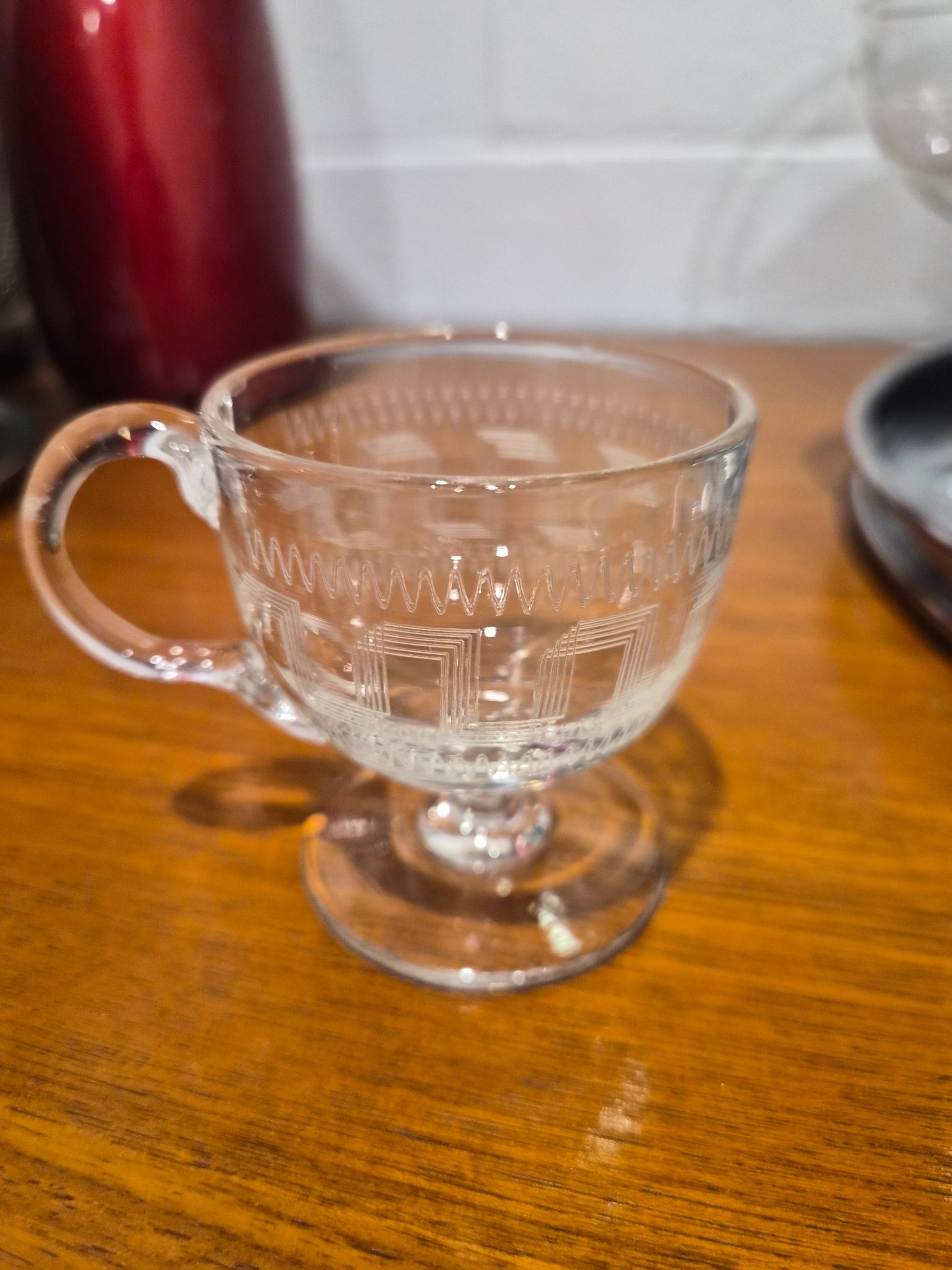 Pressed/etched clear glass footed cup or small cordial goblet