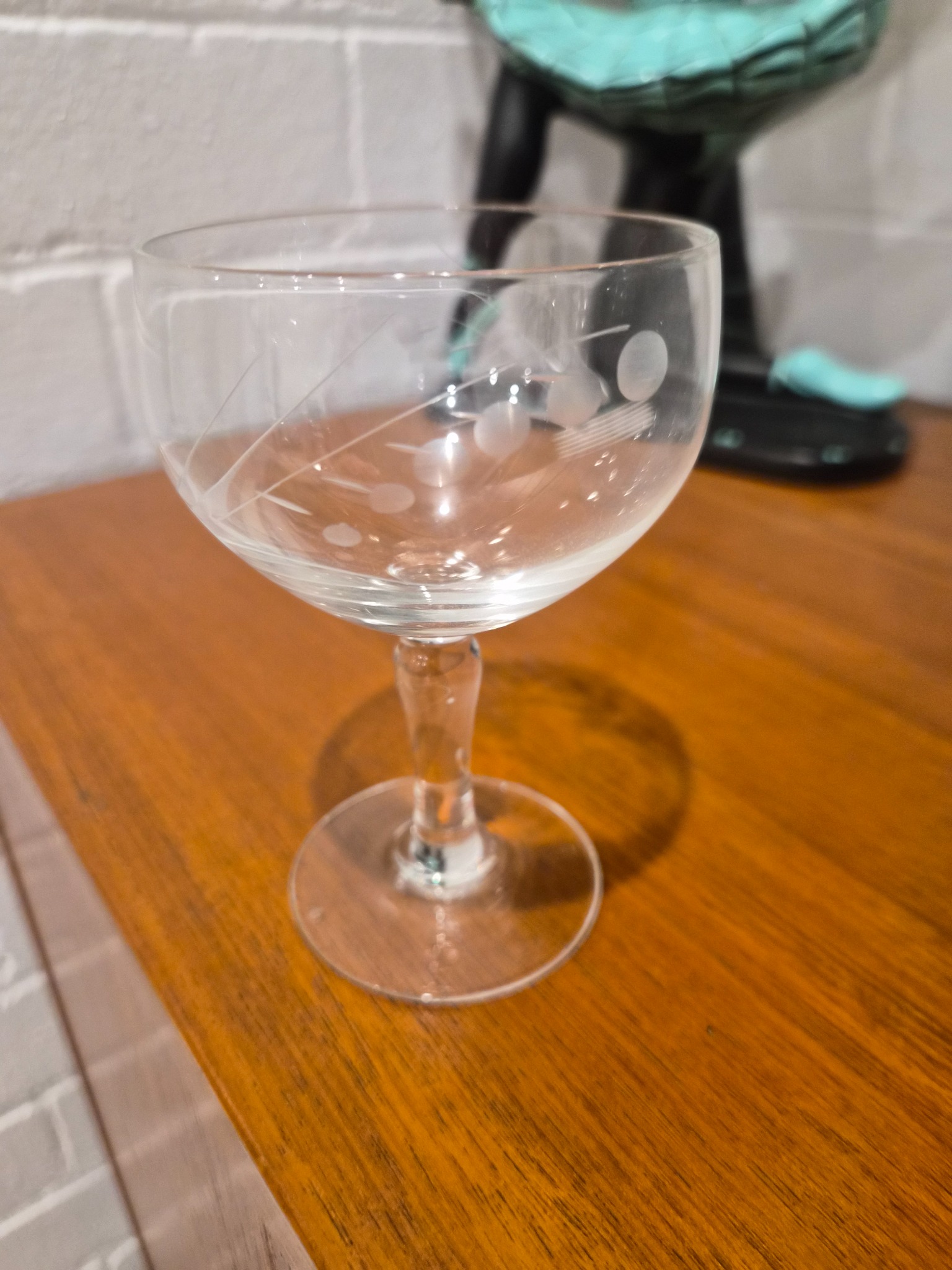 Etched stemmed cordial or liqueur glass