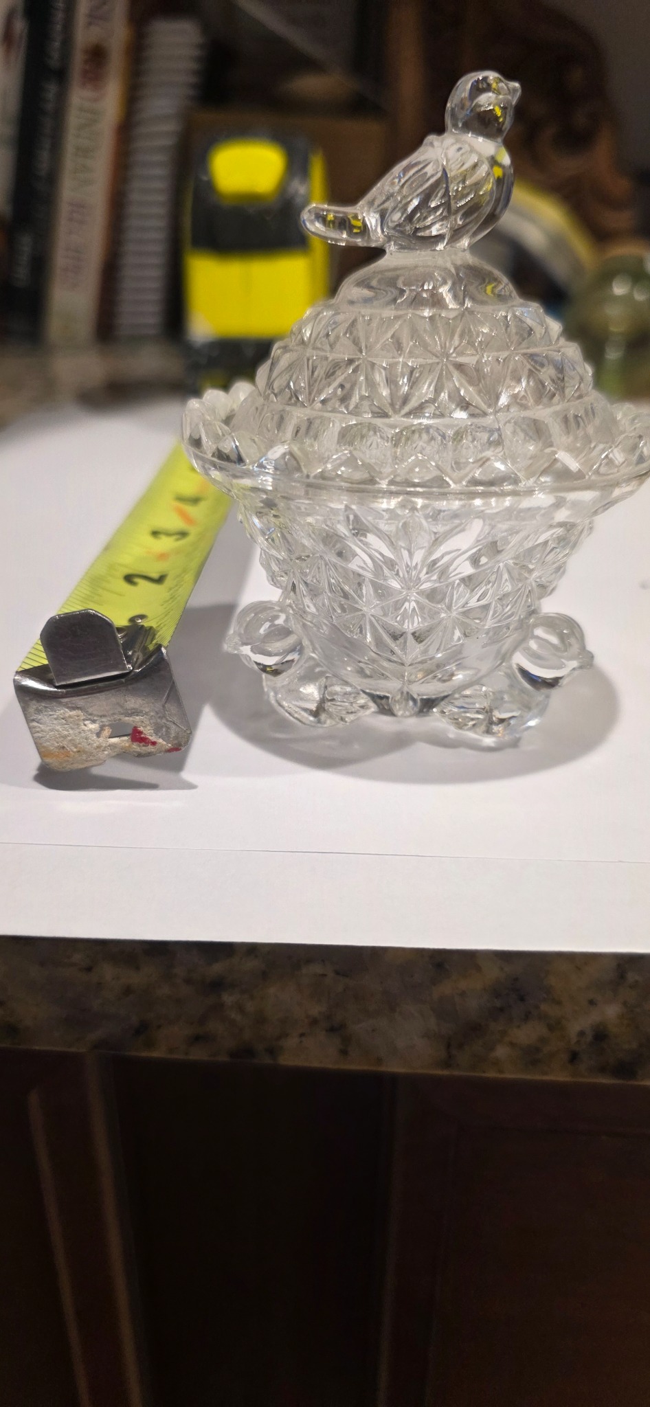 Cut glass covered candy dish or trinket box with bird finial