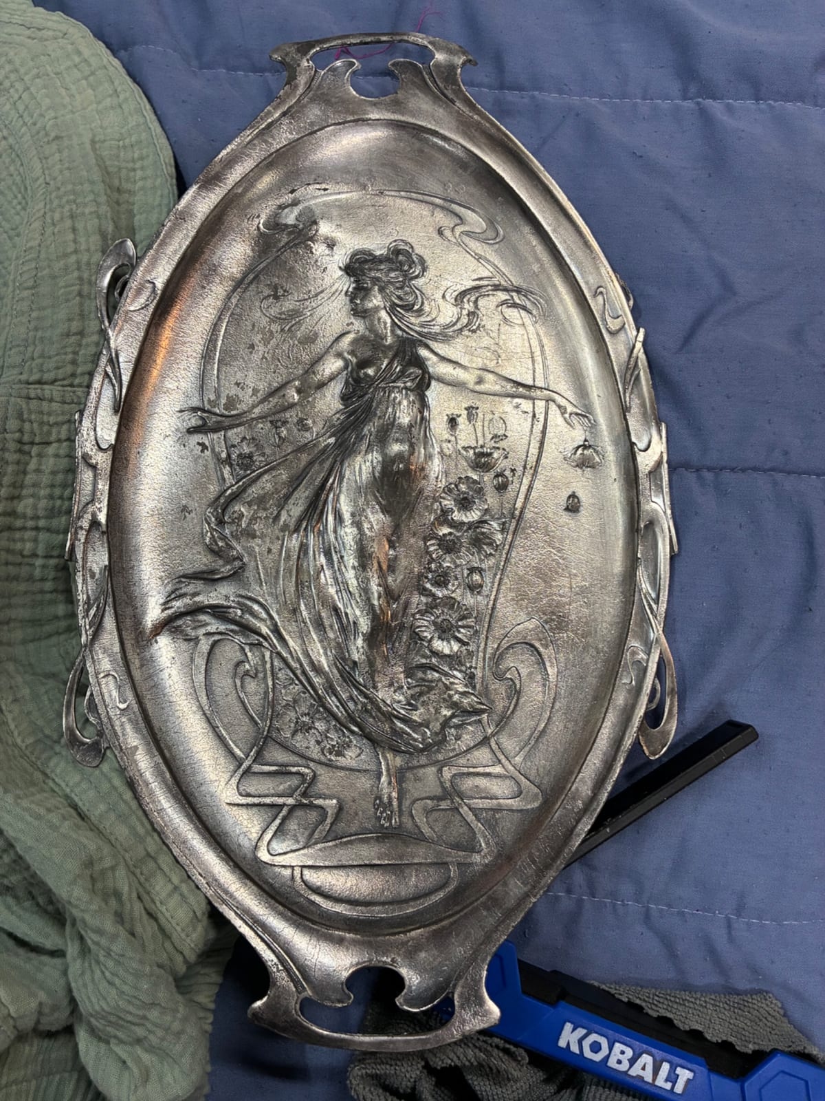 Art Nouveau-style decorative metal tray or serving platter