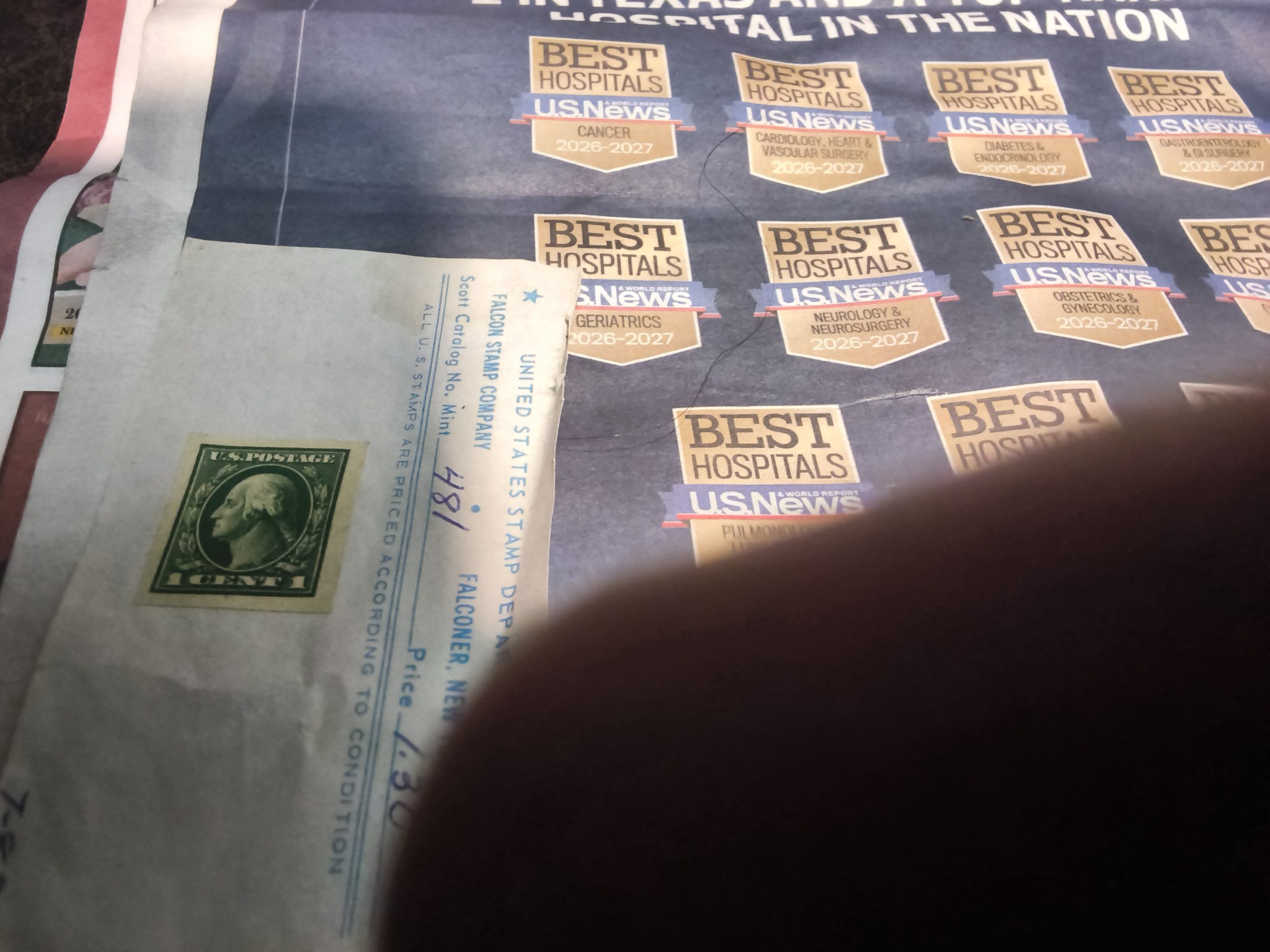 United States 1-cent George Washington stamp on Falconer Stamp Company approval envelope/card