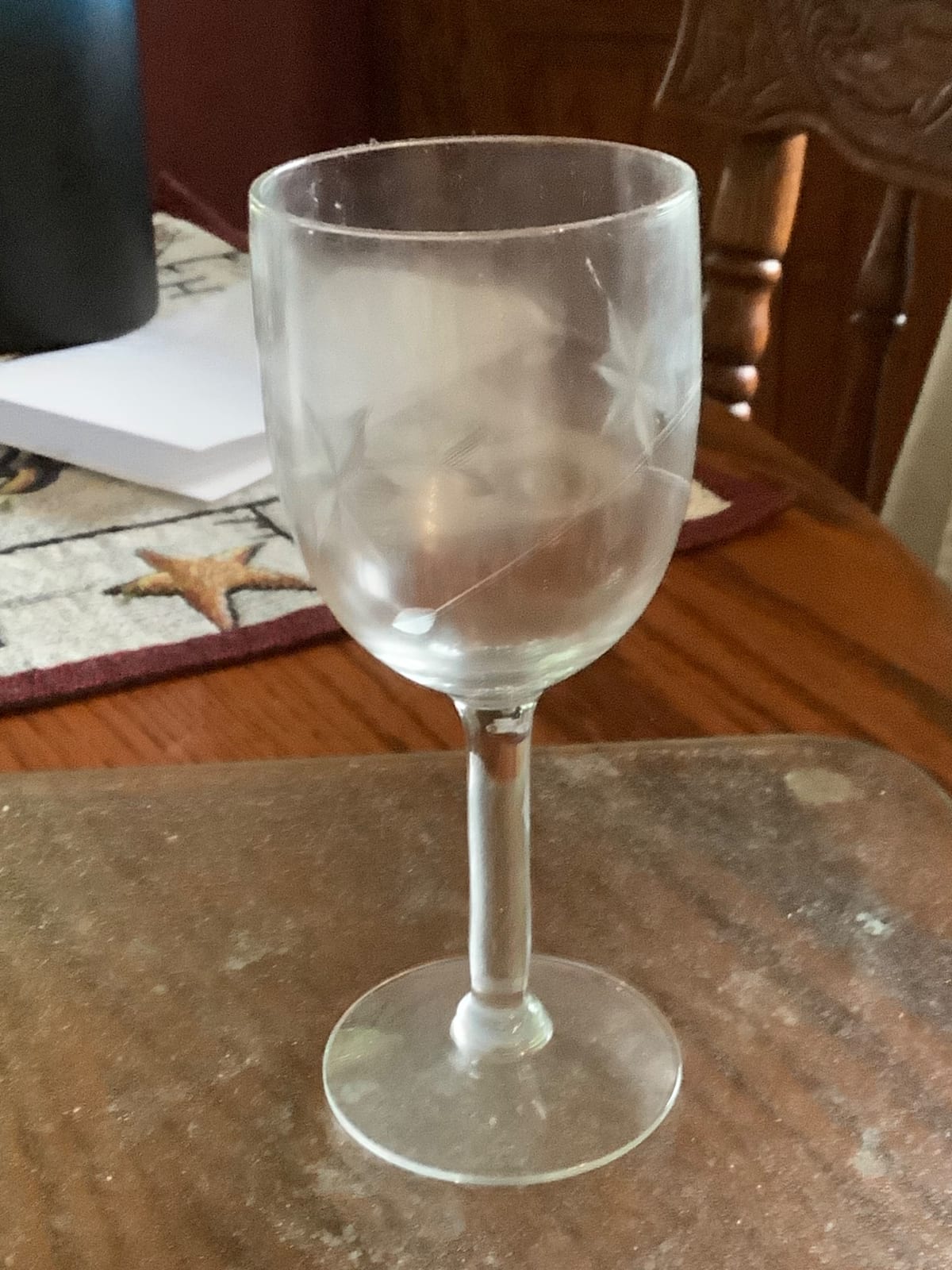 Etched stemmed wine glass