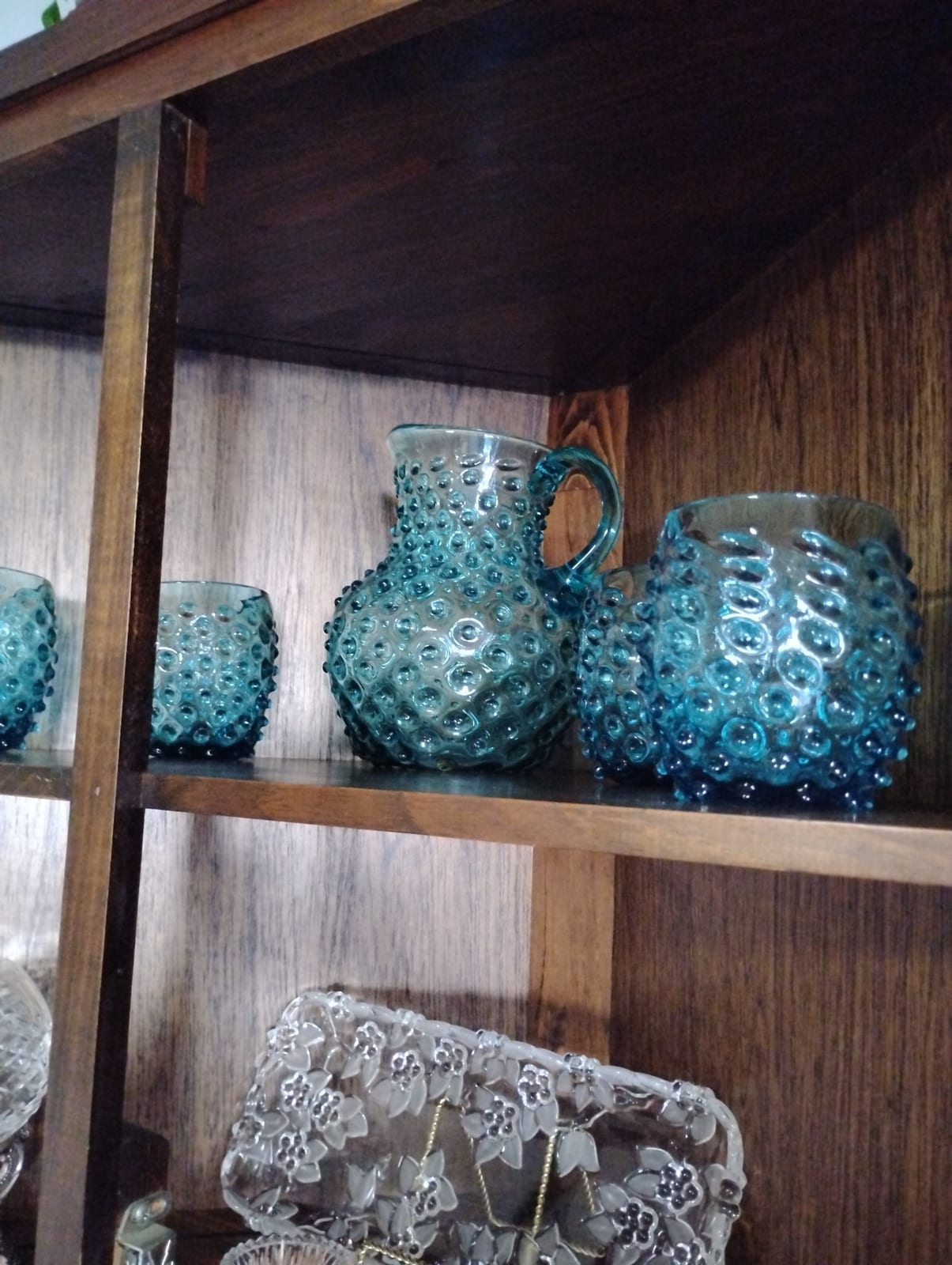 Blue hobnail glass pitcher and matching tumbler set