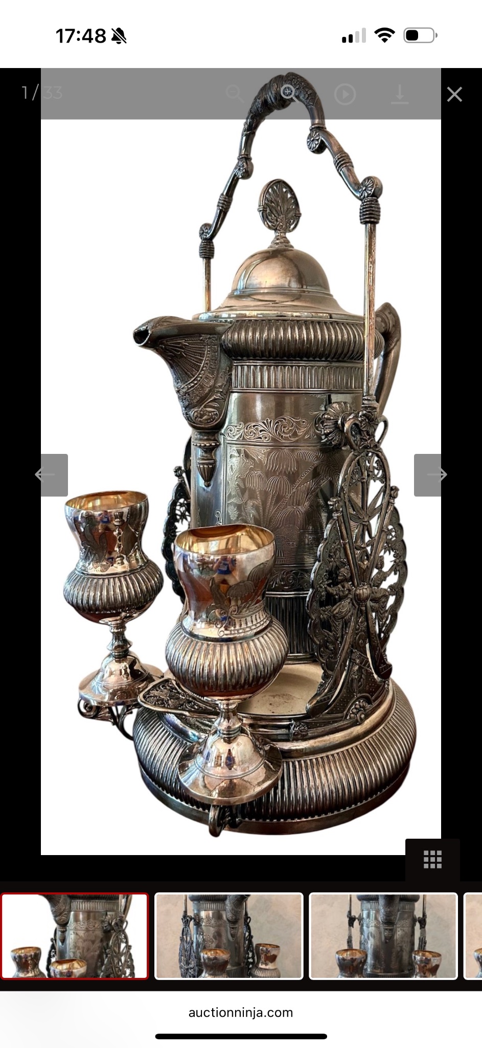 Ornate silver-plated tea/coffee service with matching tray and two goblets