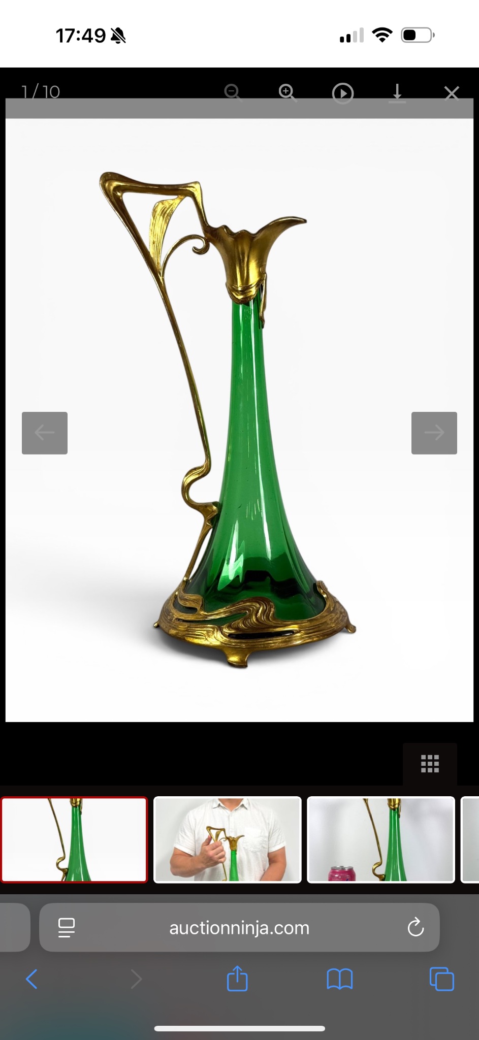 Art Nouveau-style green glass and gilt metal ewer/vase