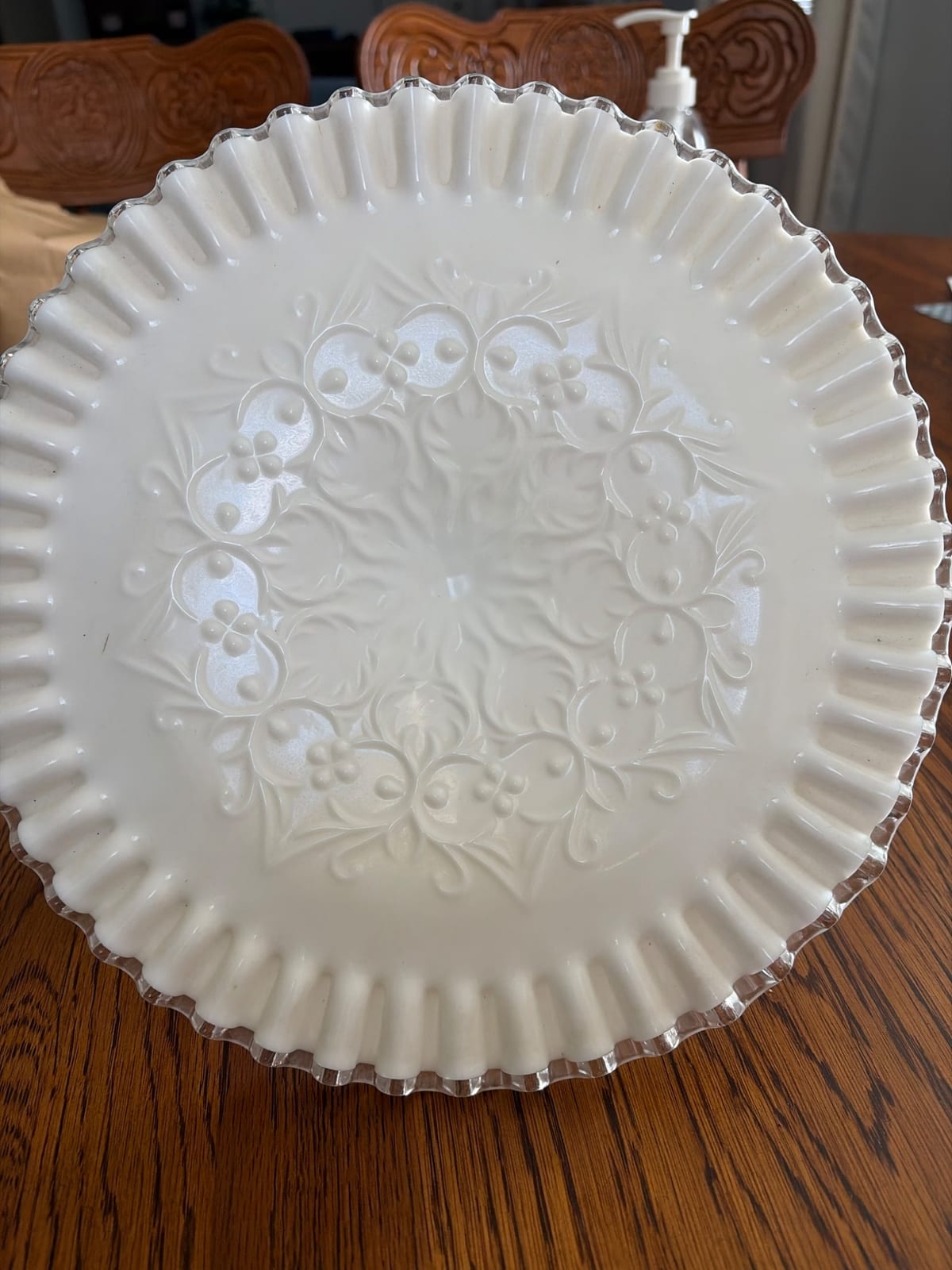 Pressed glass milk glass serving bowl or cake plate