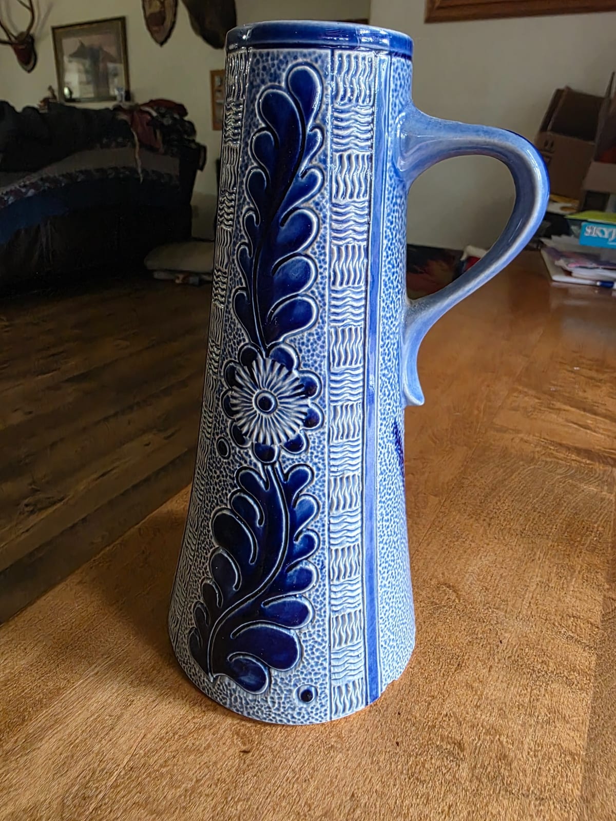 Blue glazed ceramic pitcher or tankard-style vase