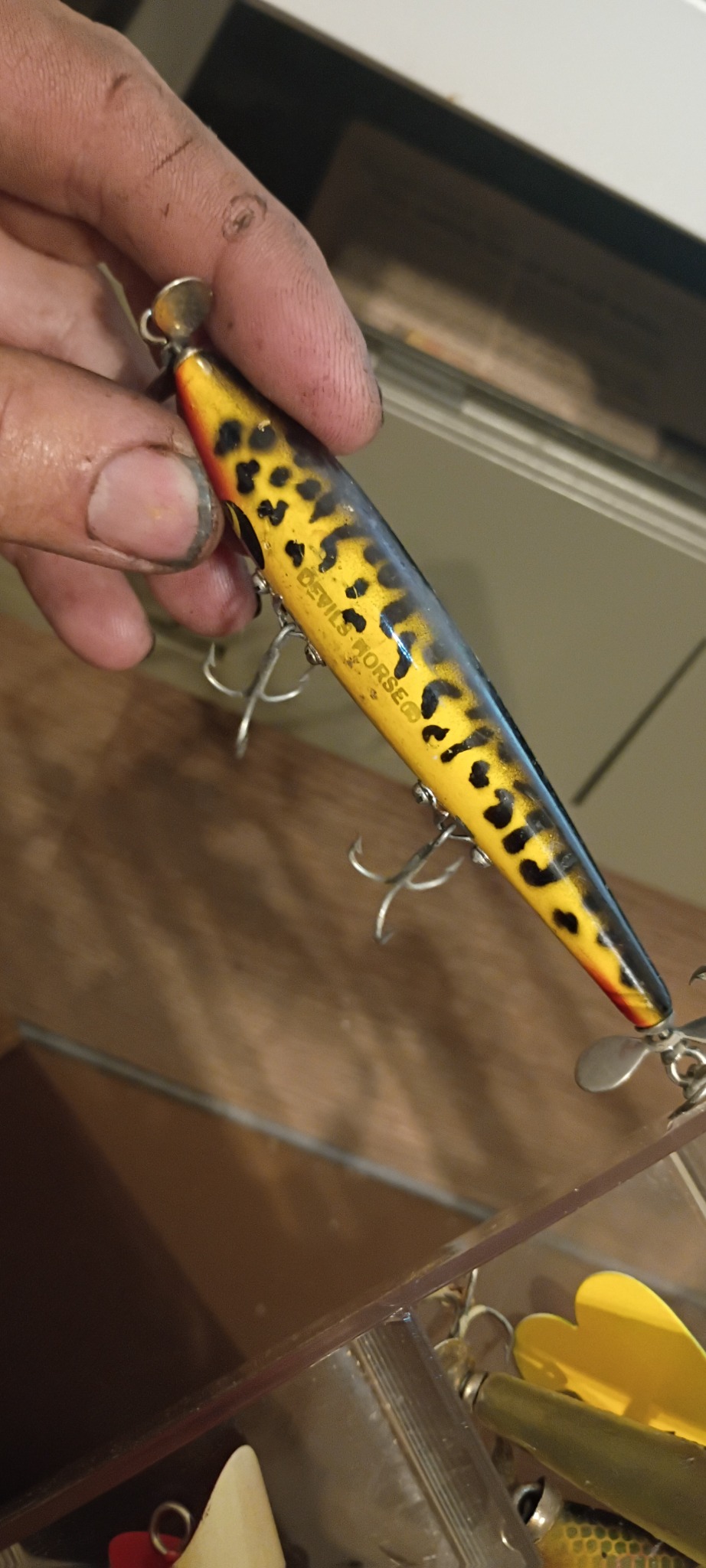 Vintage fishing lure, likely a Heddon River Runt-style topwater plug