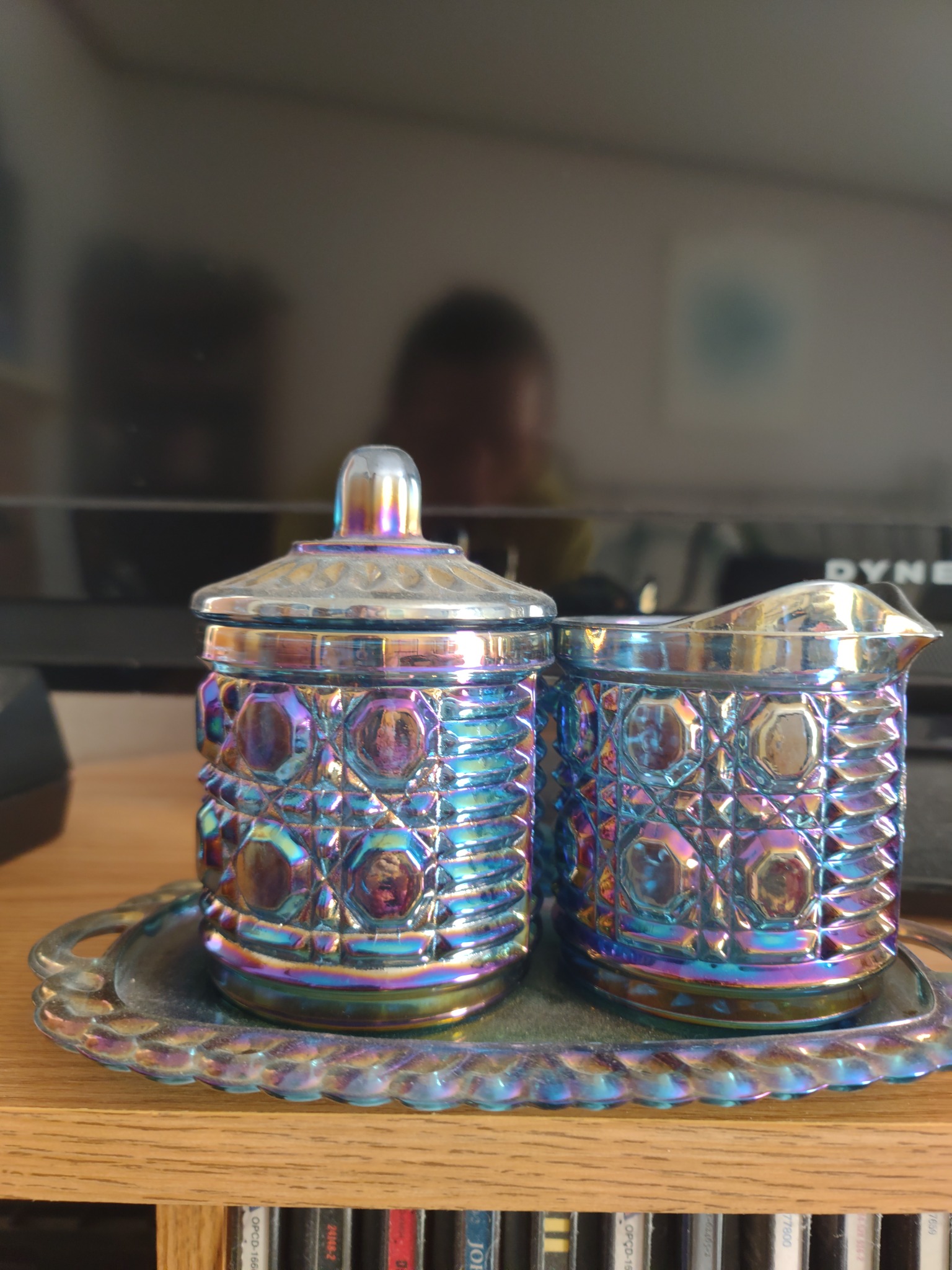 Iridescent pressed glass condiment set with tray and covered sugar bowl/creamer