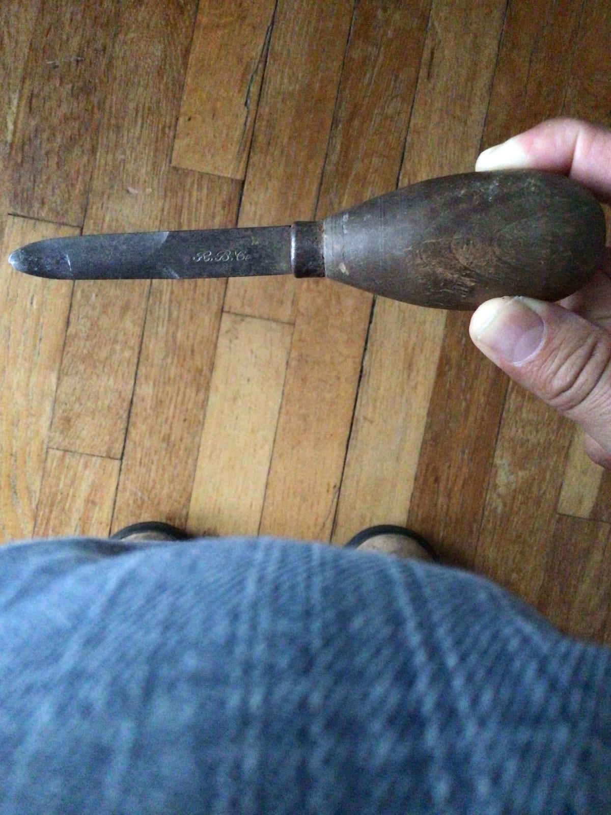 Handheld awl or scratch tool with wooden handle