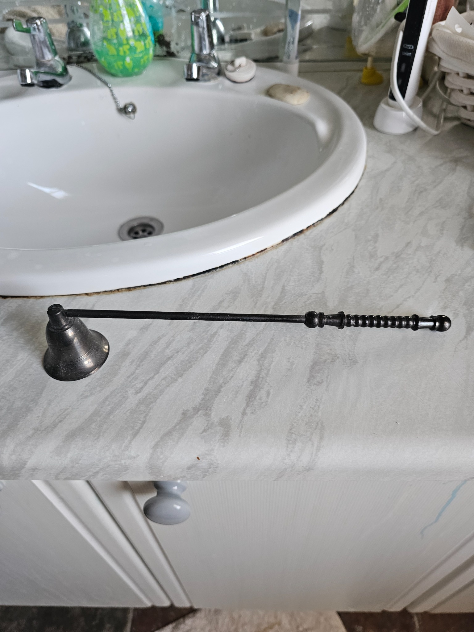 Vintage metal candle snuffer (bell-shaped snuffer with turned handle)