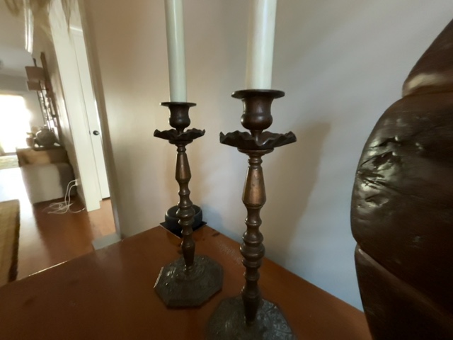 Pair of turned wooden candlesticks