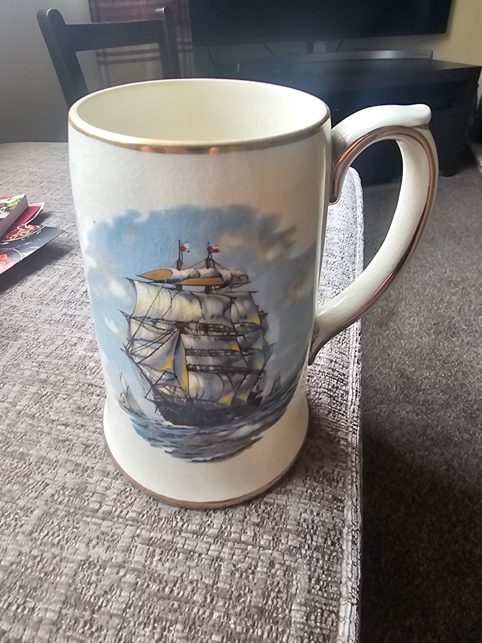 Decorative ceramic tankard/mug with sailing ship transfer or hand-painted motif