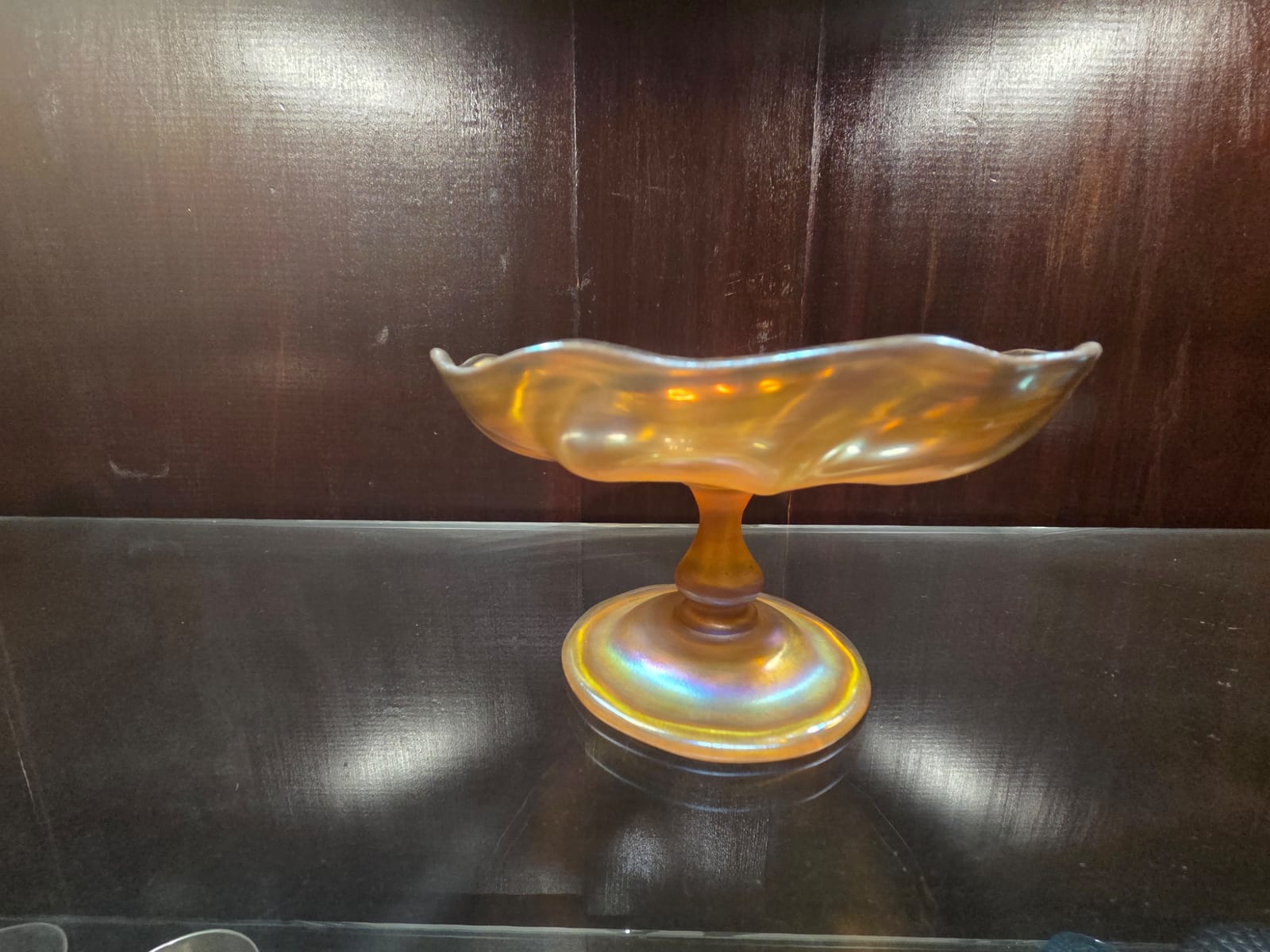 Iridized art glass pedestal compote or centerpiece bowl