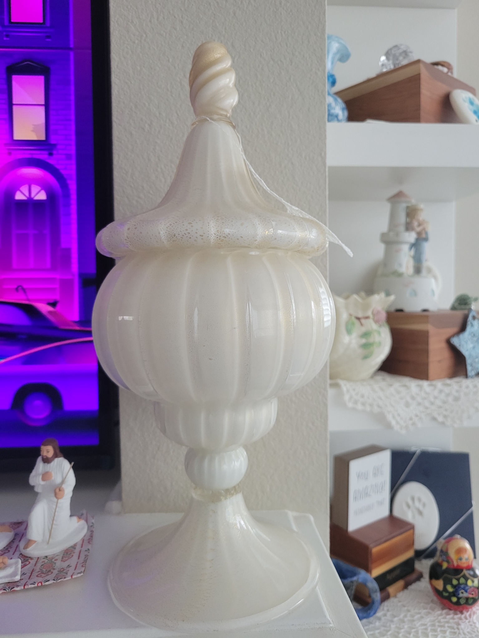 Opalescent glass covered candy dish or compote
