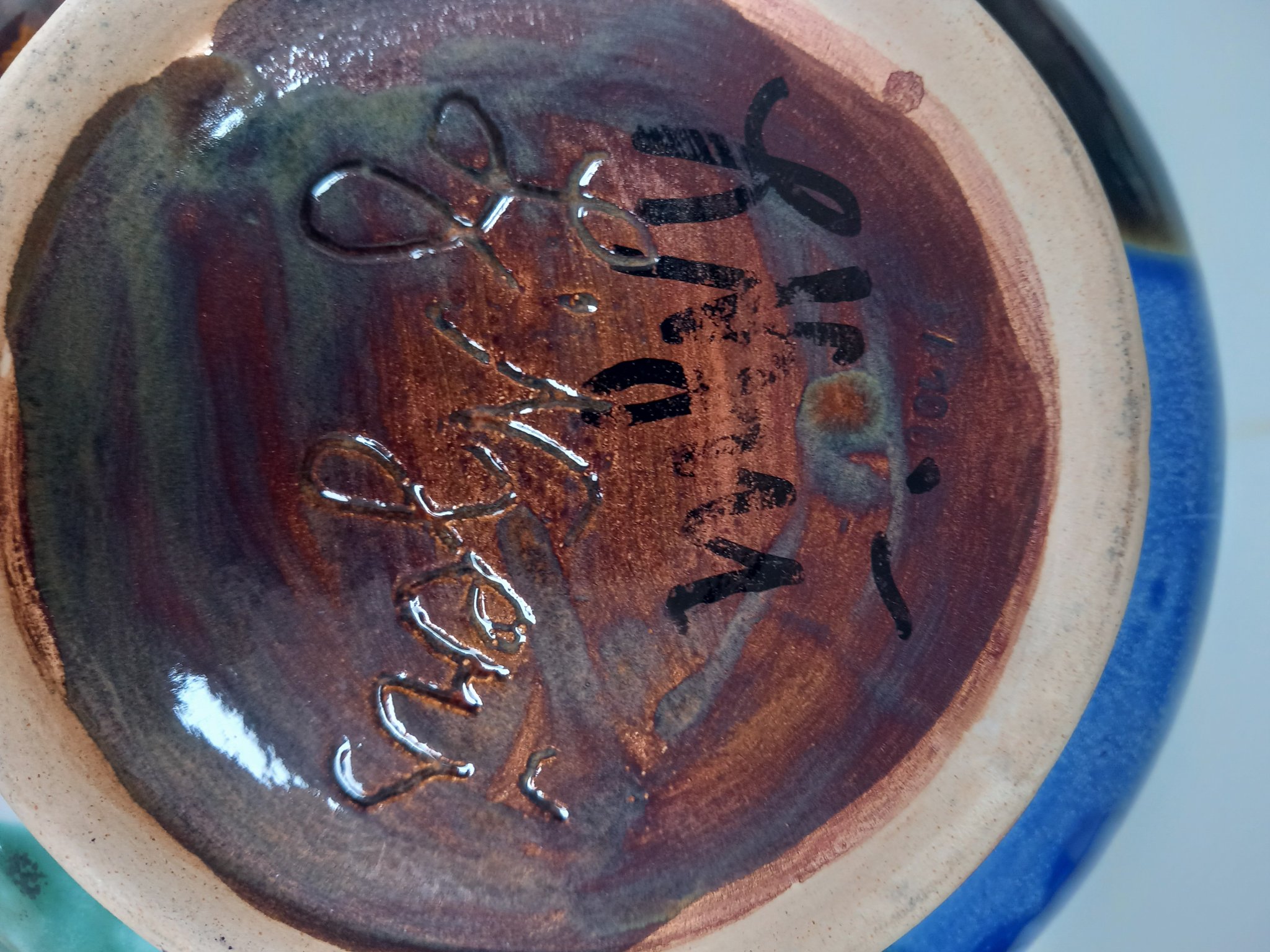 Studio pottery ceramic vessel base with handwritten maker's mark