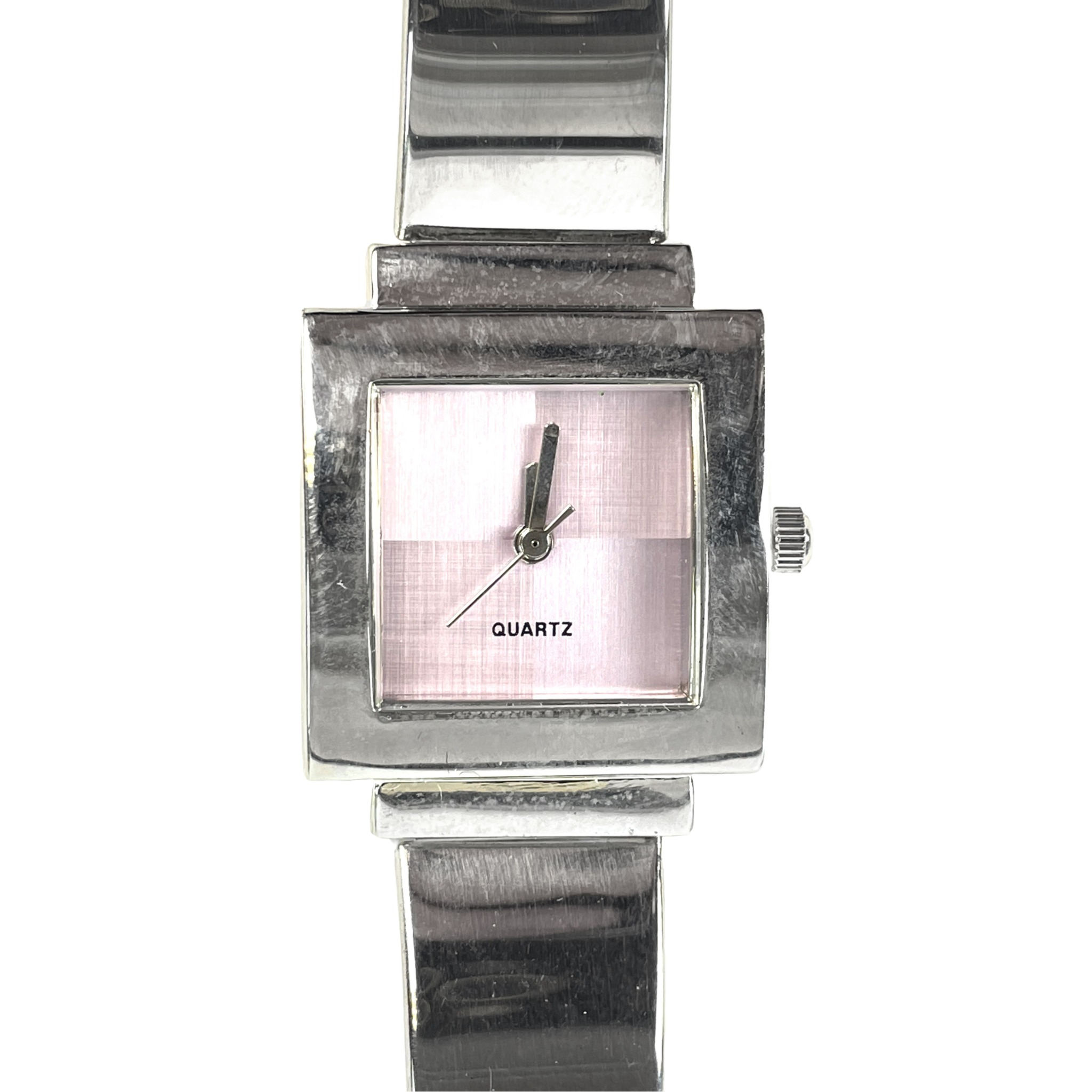 Quartz wristwatch with rectangular case and integrated metal bracelet