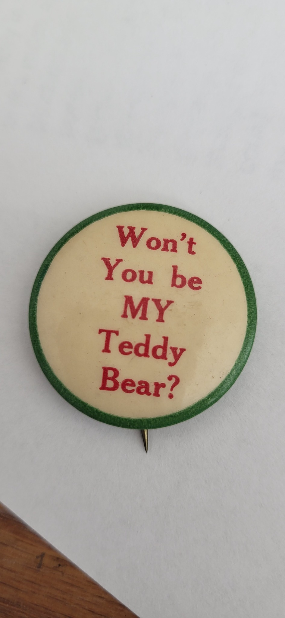 Novelty pin-back badge or lapel pin reading 'Won't You be MY Teddy Bear?'