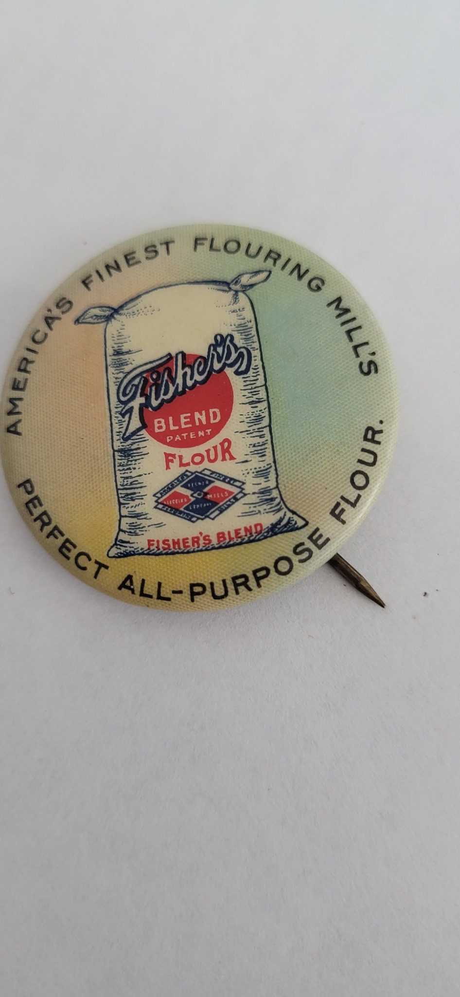Advertising celluloid pinback button for Fisher's Blend Flour