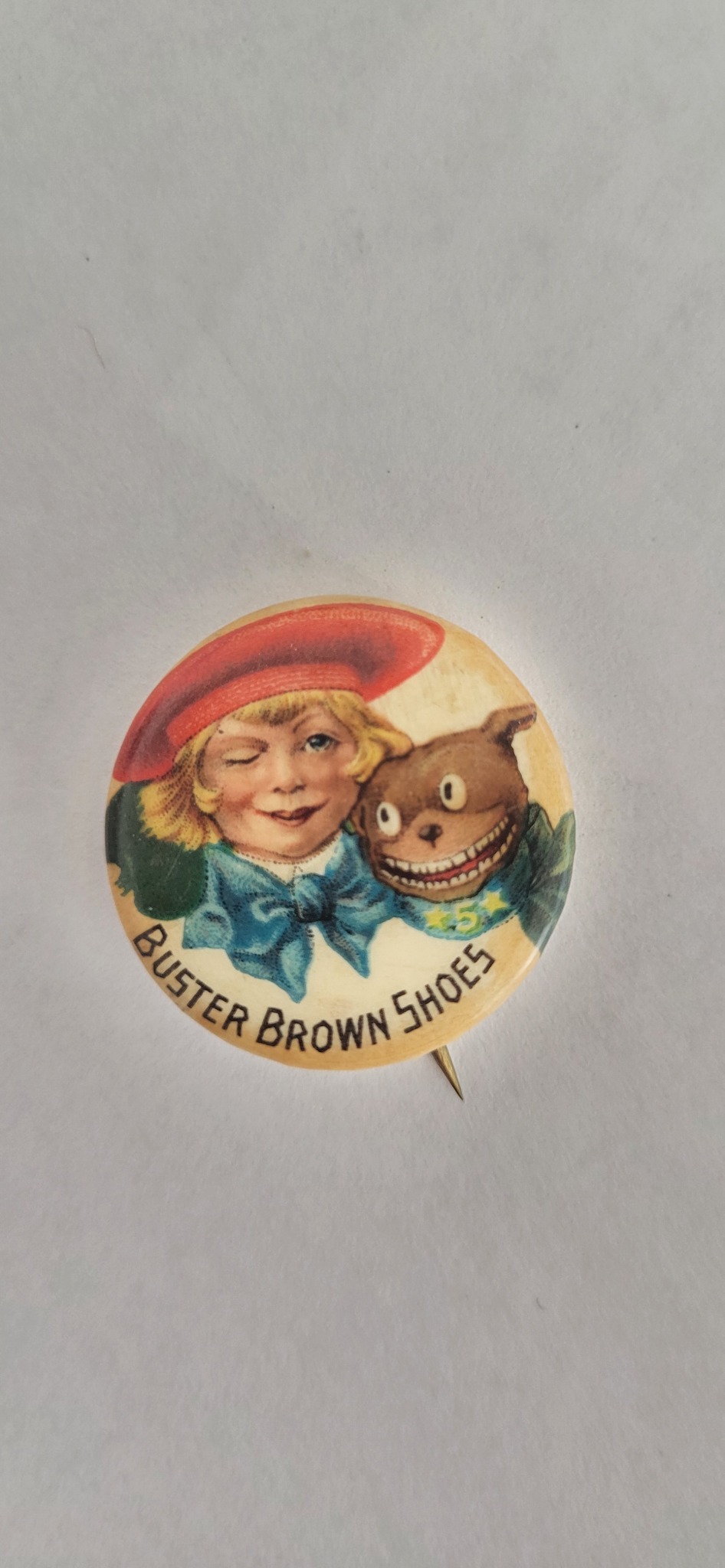 Buster Brown Shoes advertising pinback button