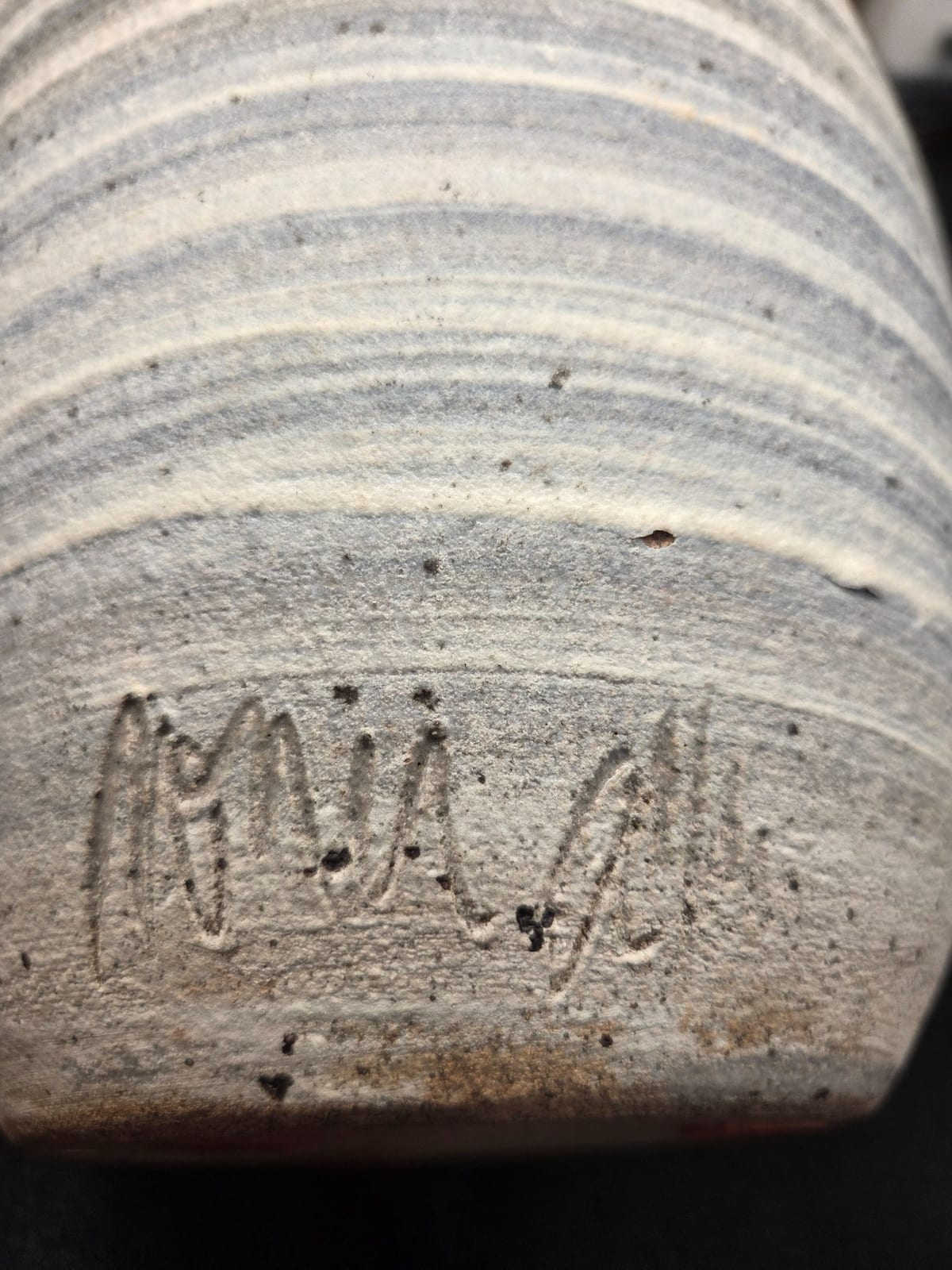 Salt-glazed stoneware vessel fragment with incised/pressed maker's mark