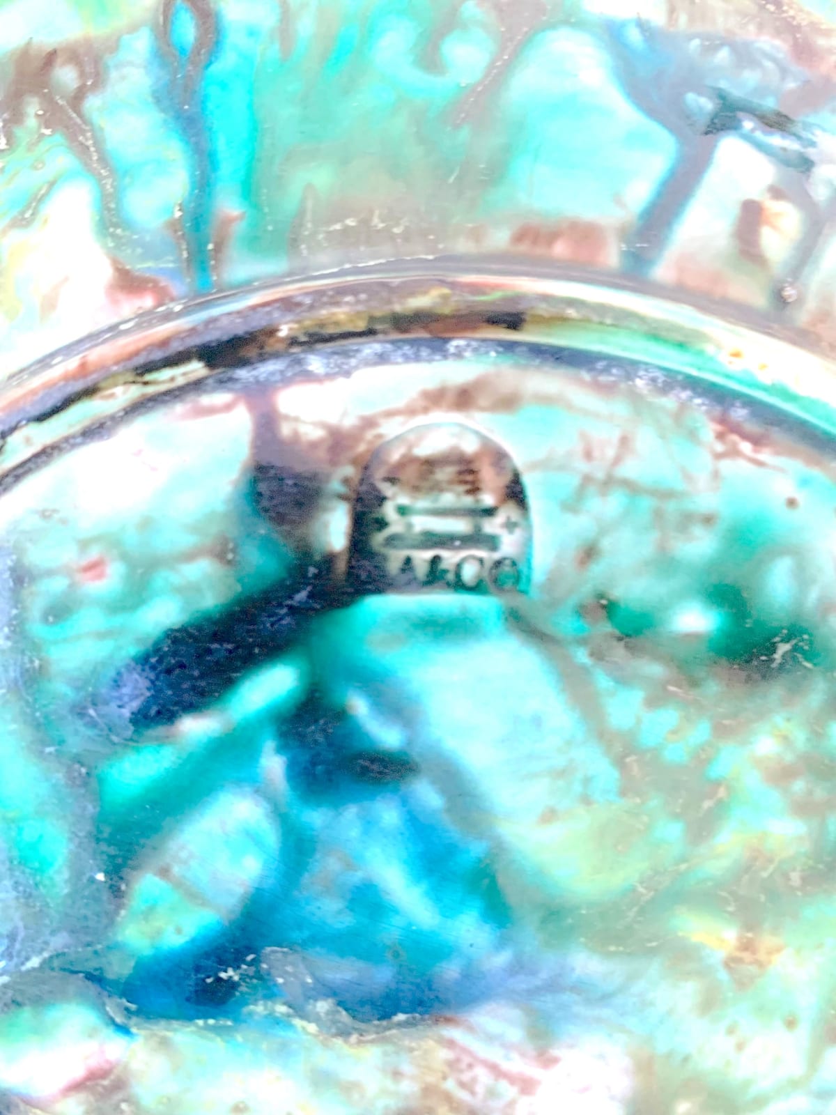 Abalone shell or mother-of-pearl decorative object with silver mount/mark