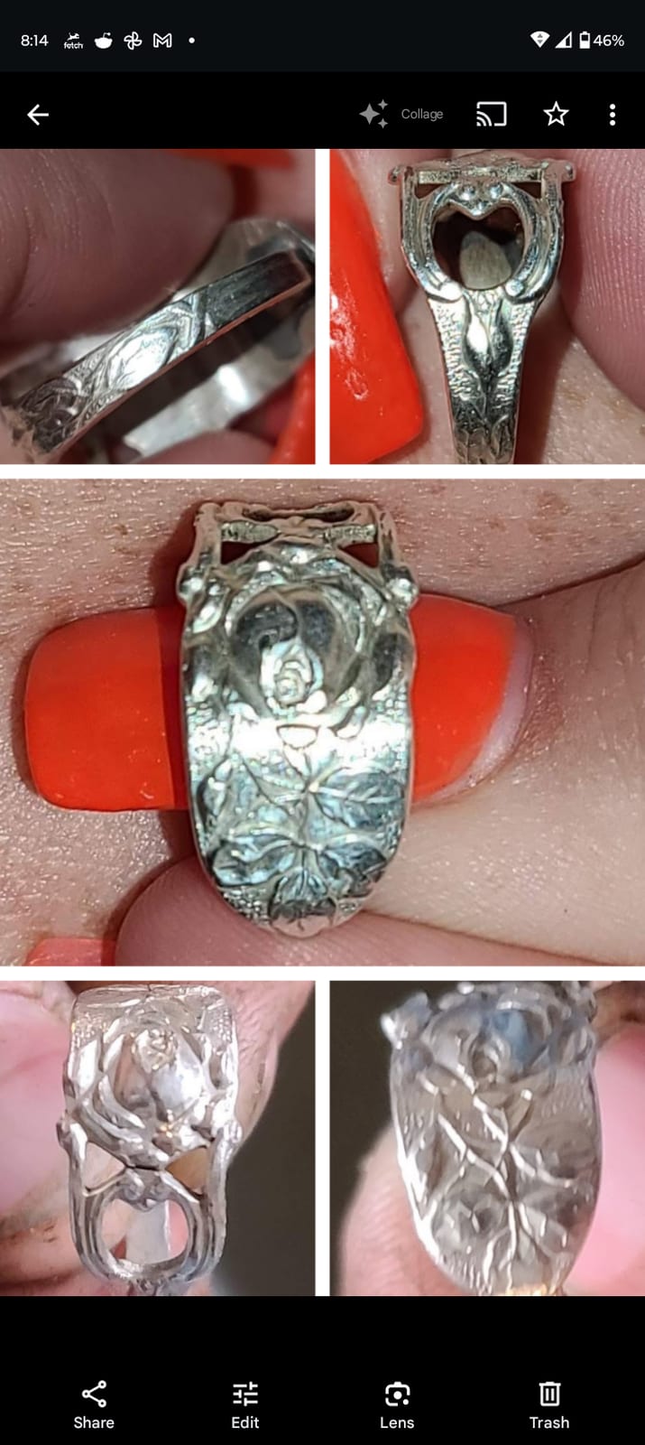 Decorative silver-tone ring setting / mount with floral and portrait relief