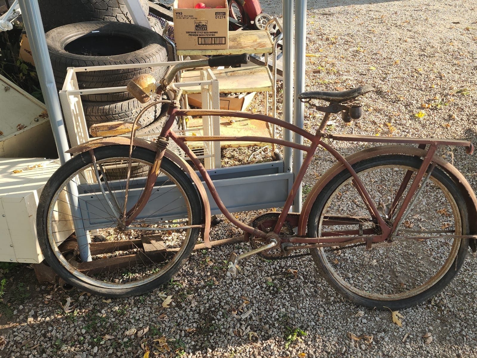 Vintage balloon-tire bicycle with rear cargo rack
