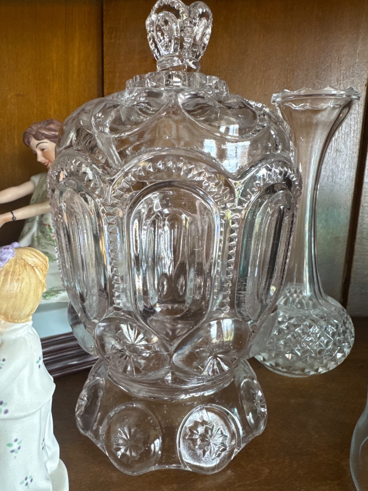Pressed glass covered candy dish or compote with lid