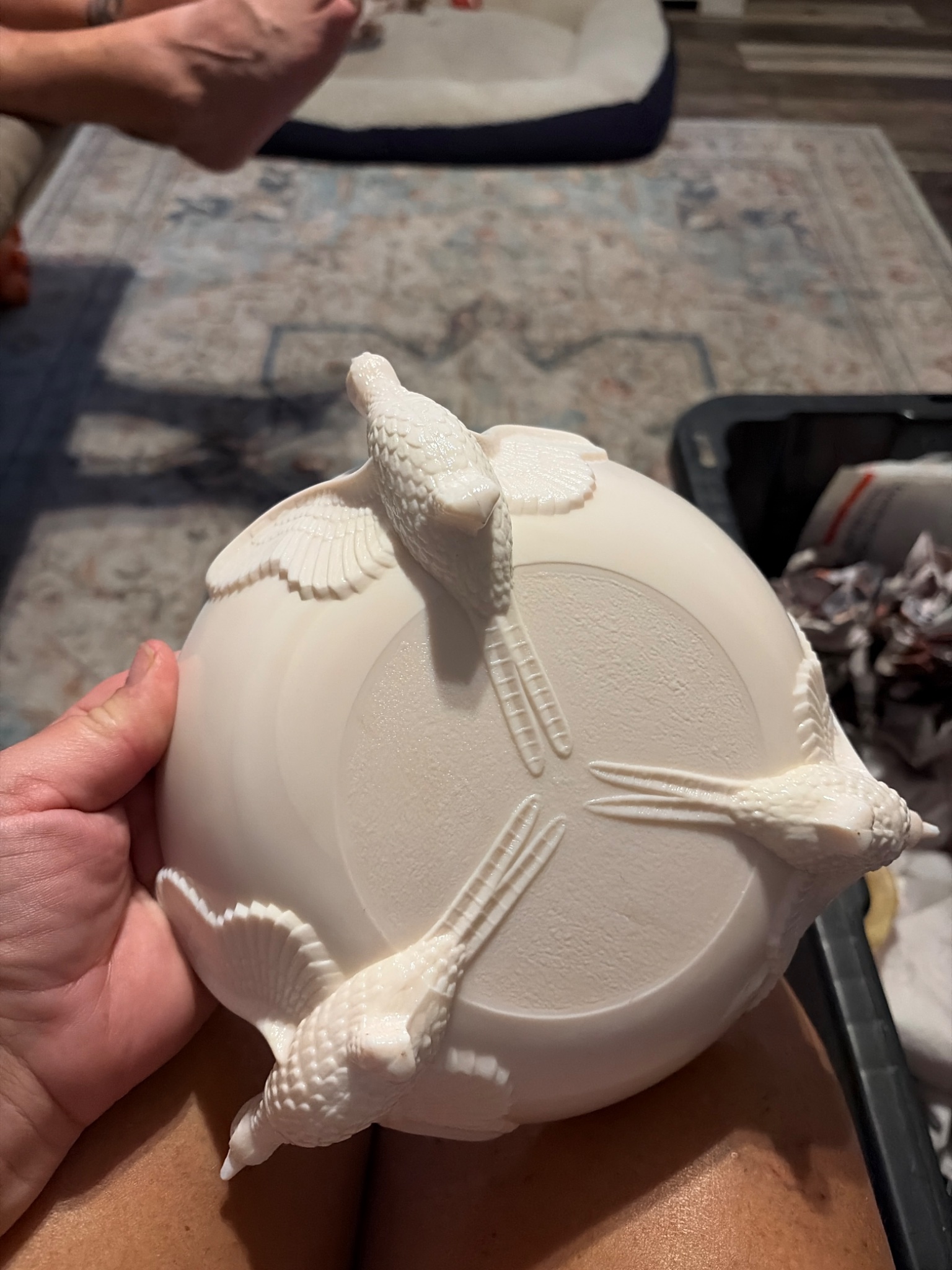 White porcelain or bisque decorative bird-covered spherical box/lidded vessel