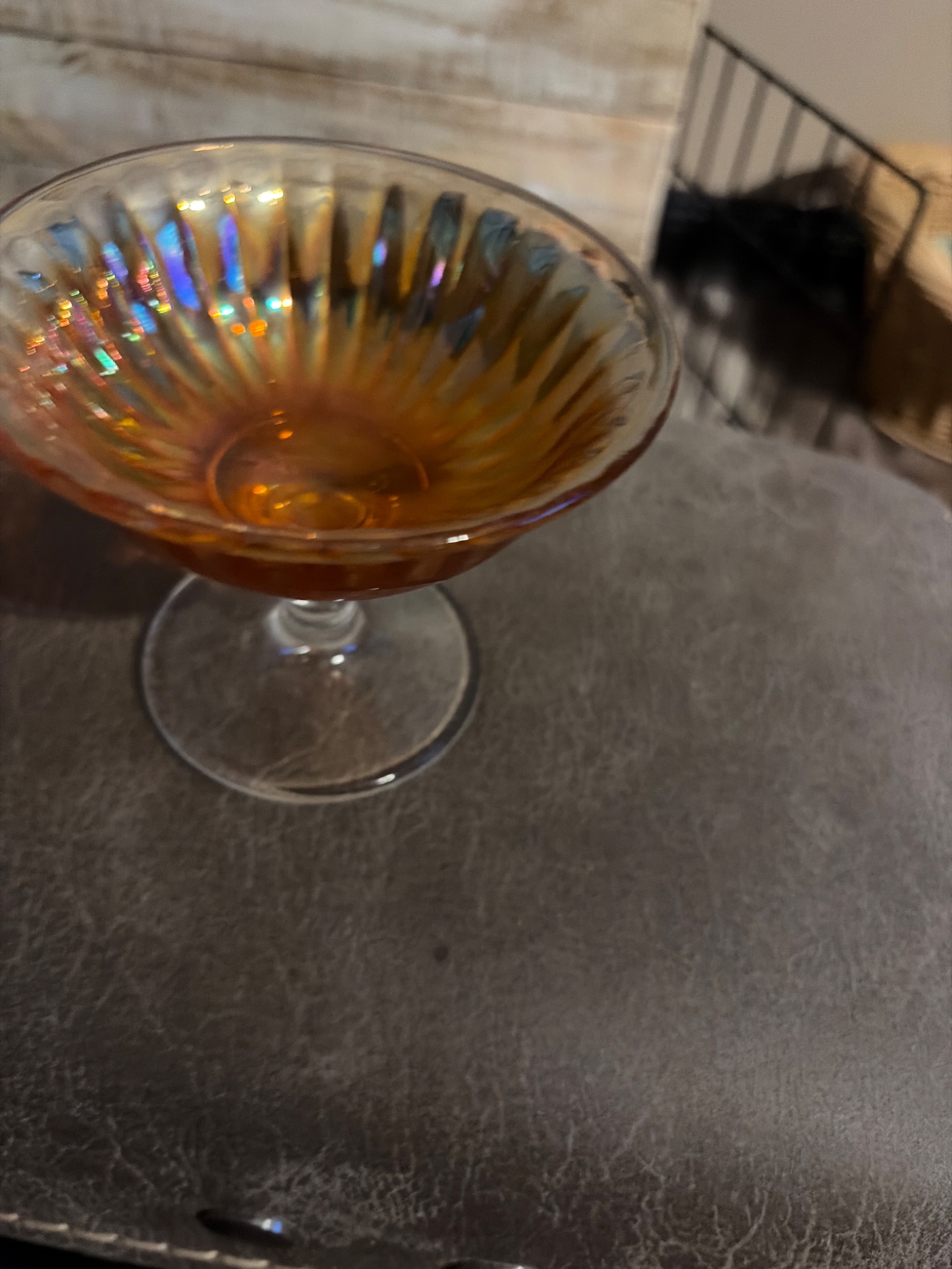 Amber iridescent stemmed dessert or sherbet glass