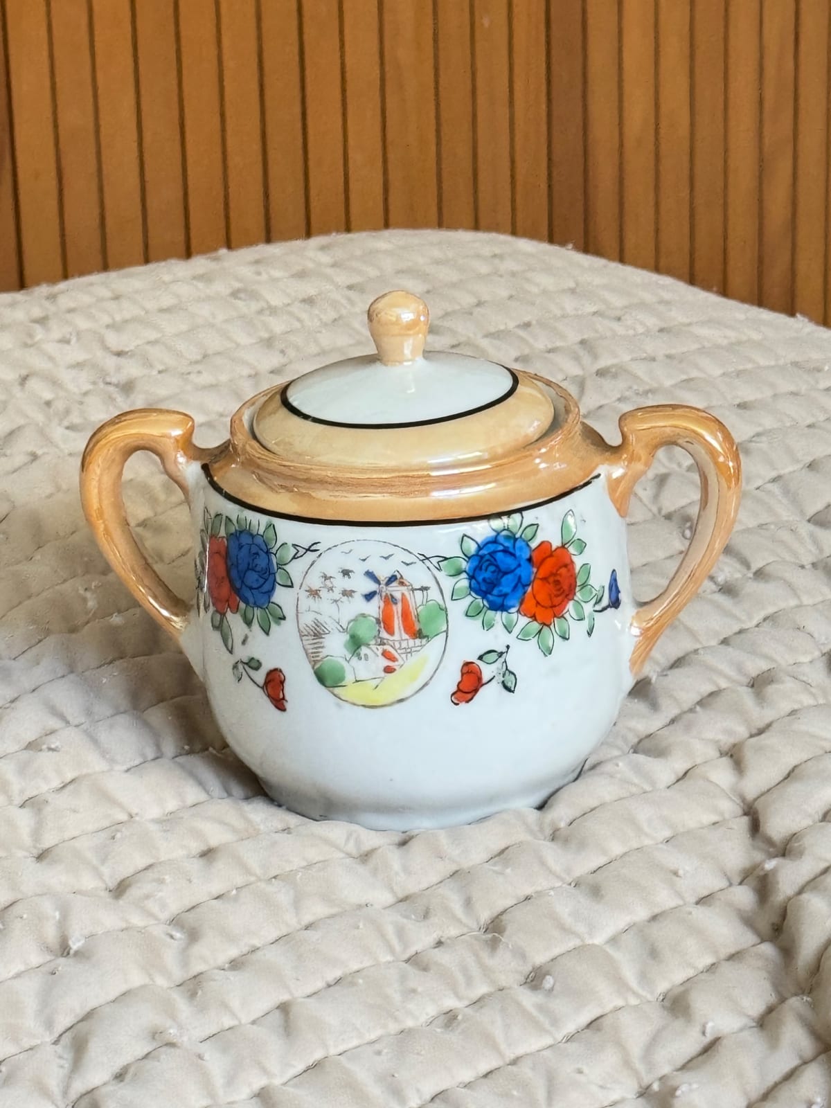 Small hand-painted porcelain sugar bowl with lid