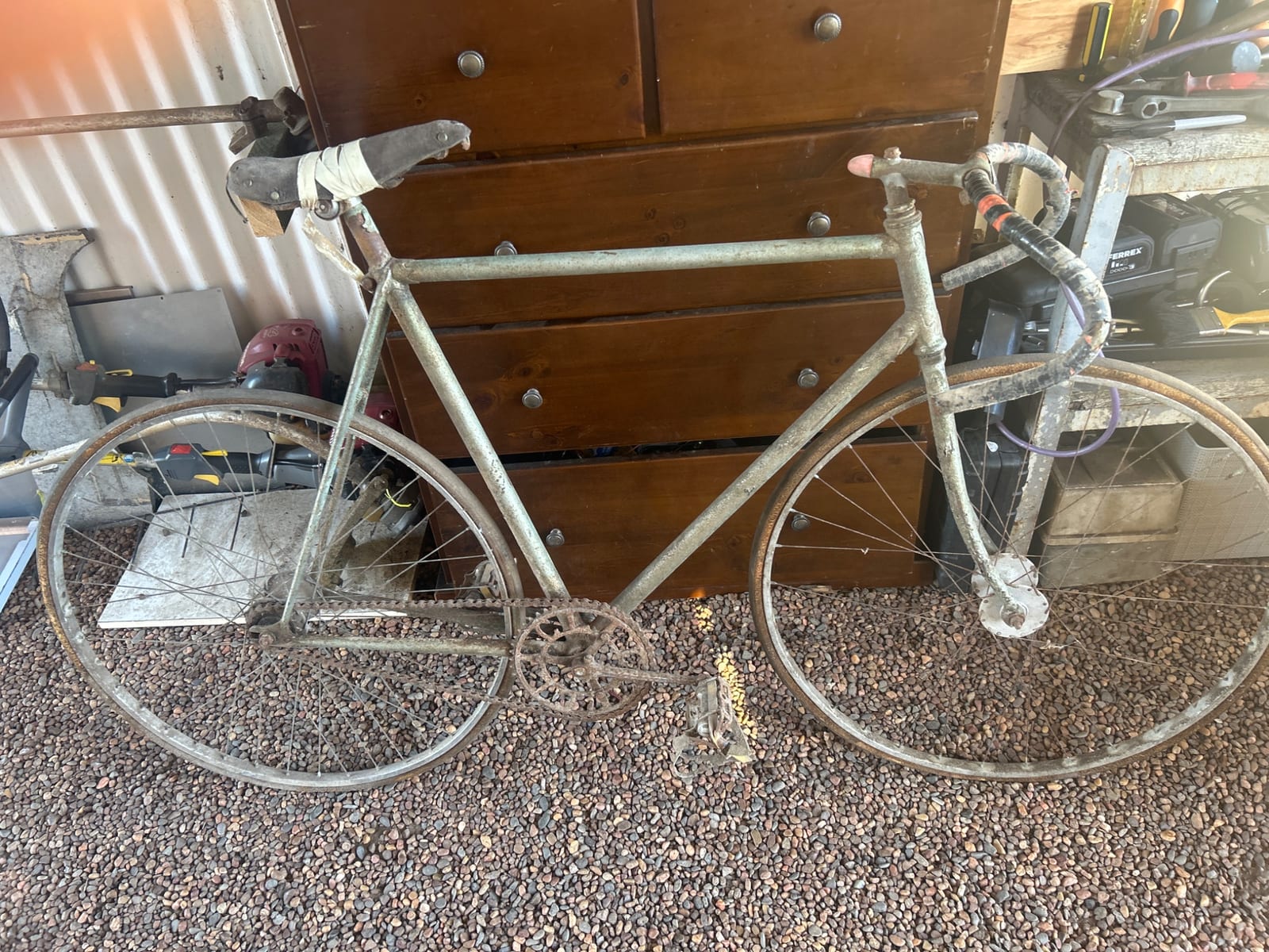 Vintage road bicycle frame with wheels and components (incomplete)