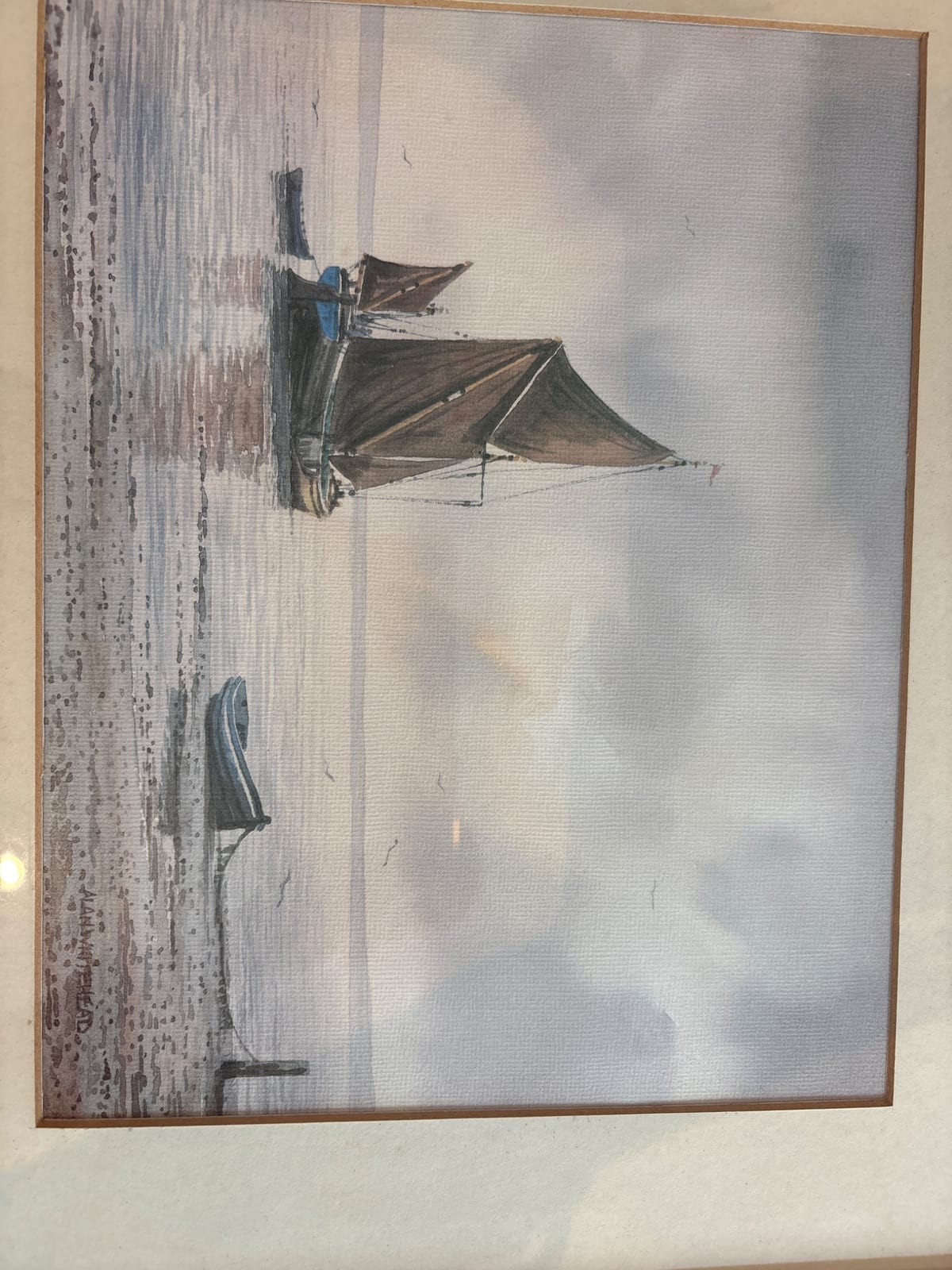 Framed watercolor seascape painting of sailboats