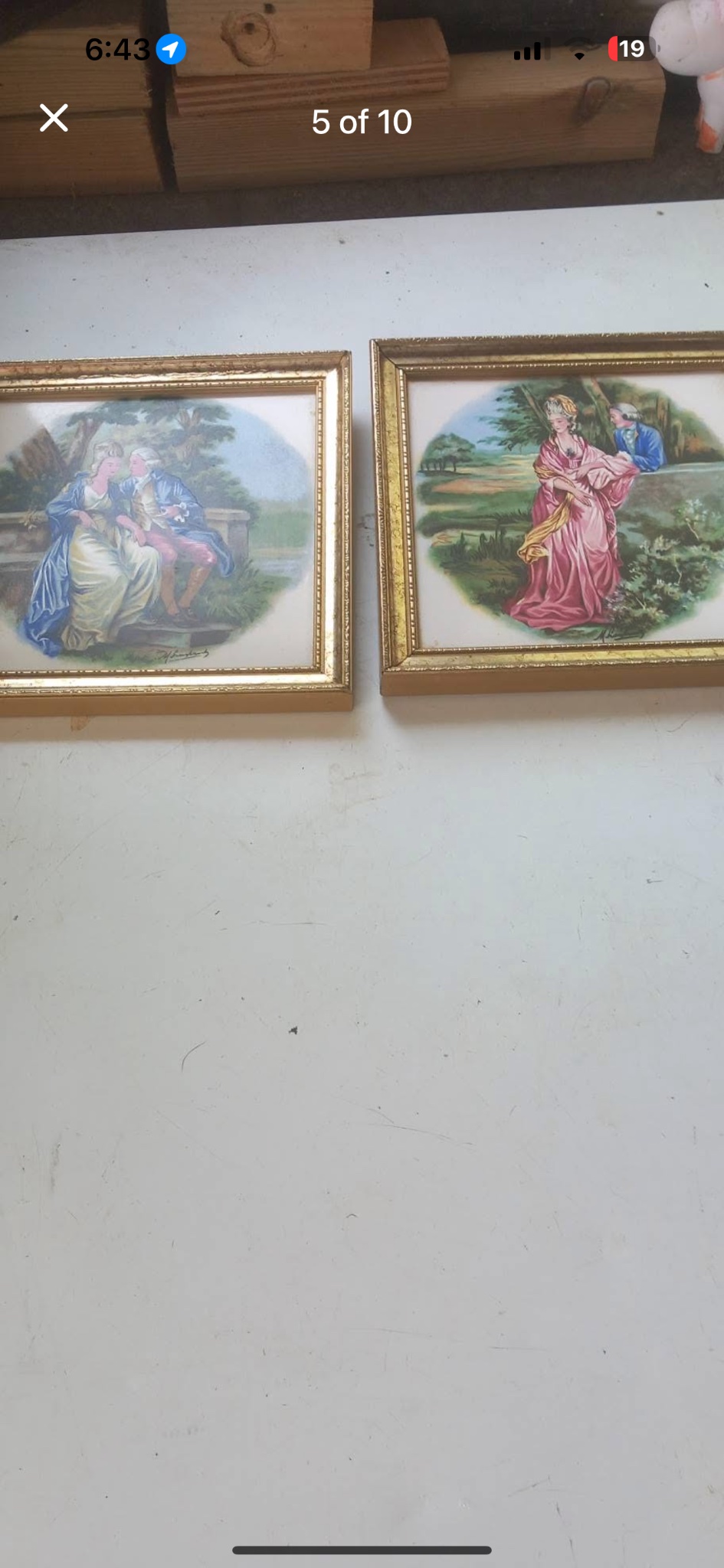 Pair of framed decorative porcelain or ceramic plaque prints with Rococo-style courting scenes