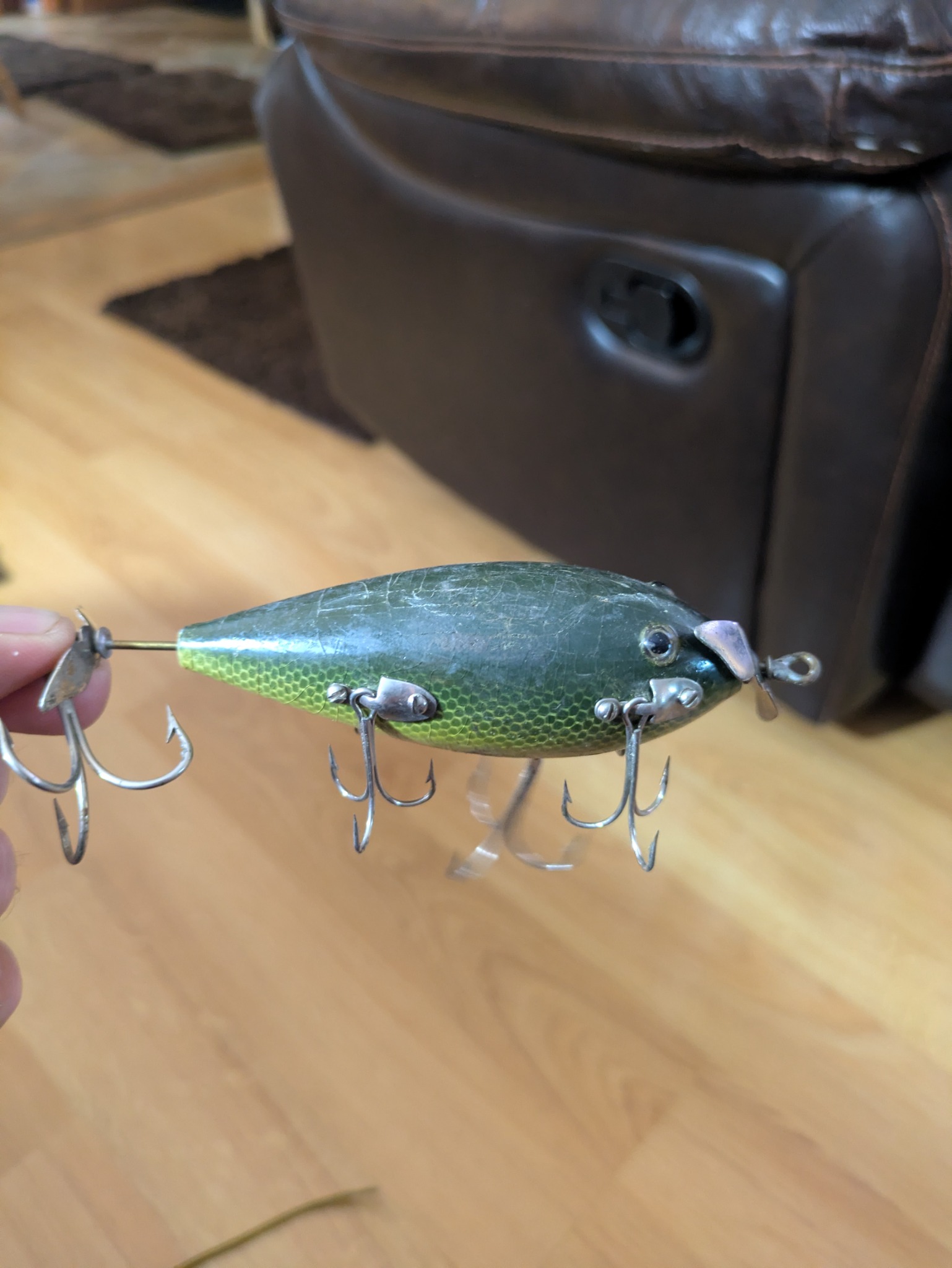 Vintage wooden fishing lure / topwater plug with treble hooks