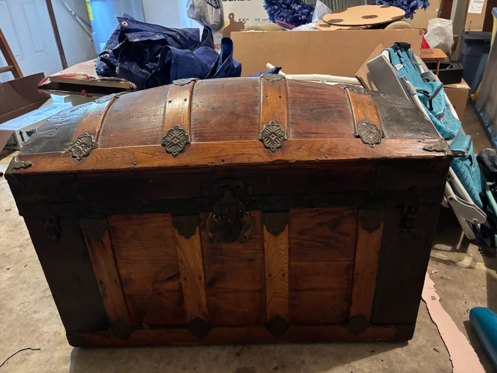 Victorian-style domed wooden steamer trunk / travel chest