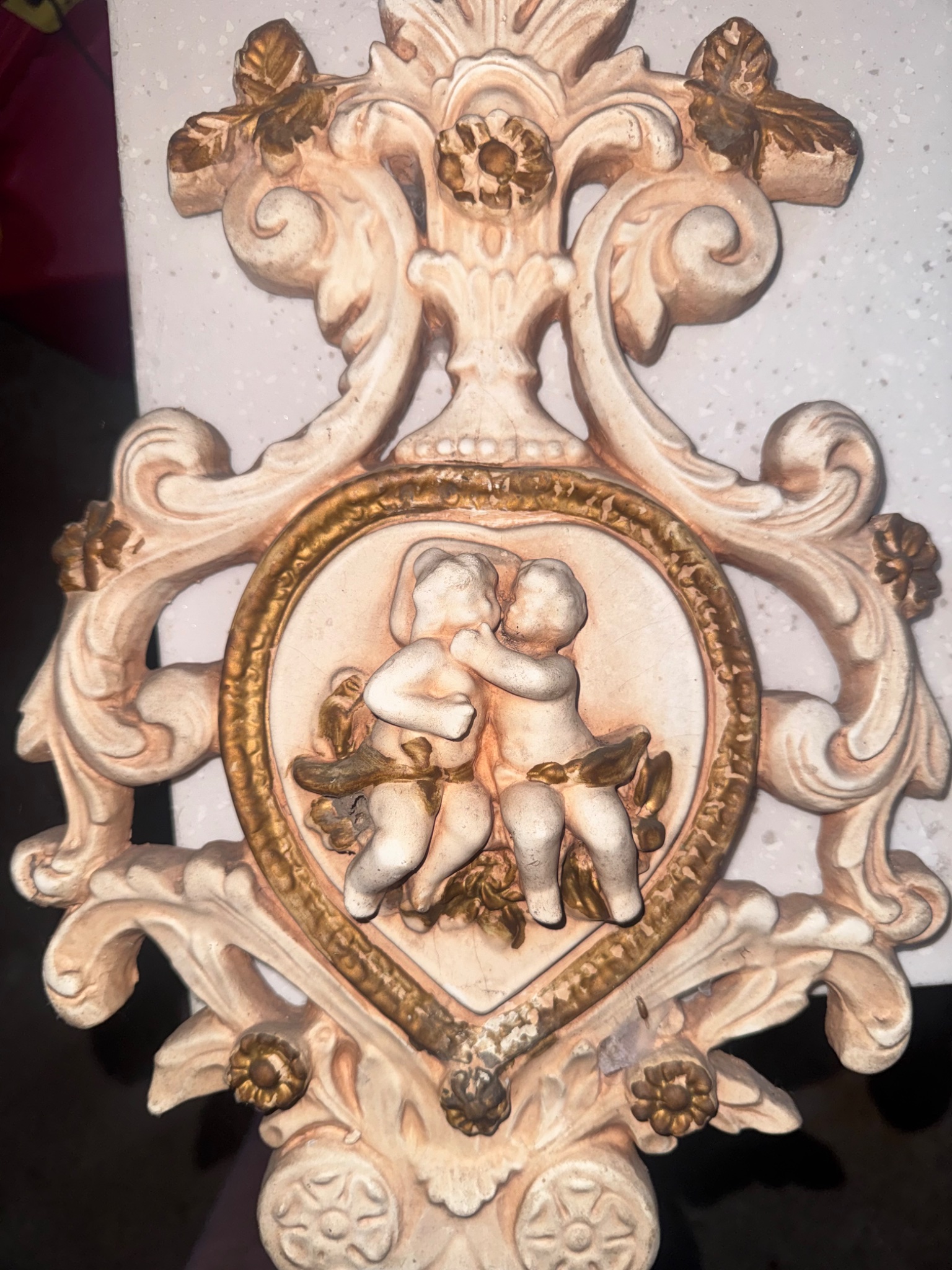 Ornate Rococo-style plaster or composition wall ornament / appliqué