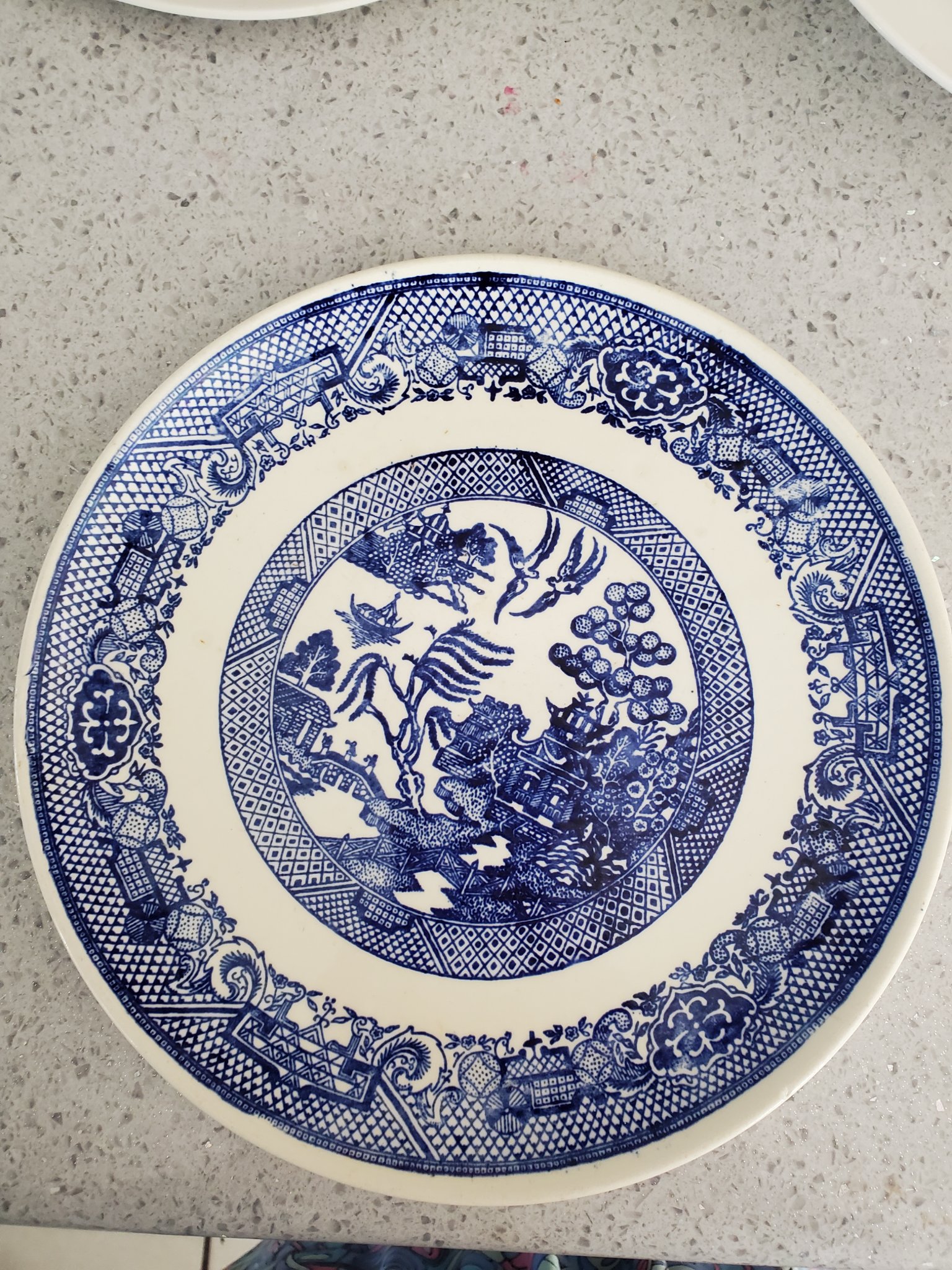 Blue and white transferware dinner plate